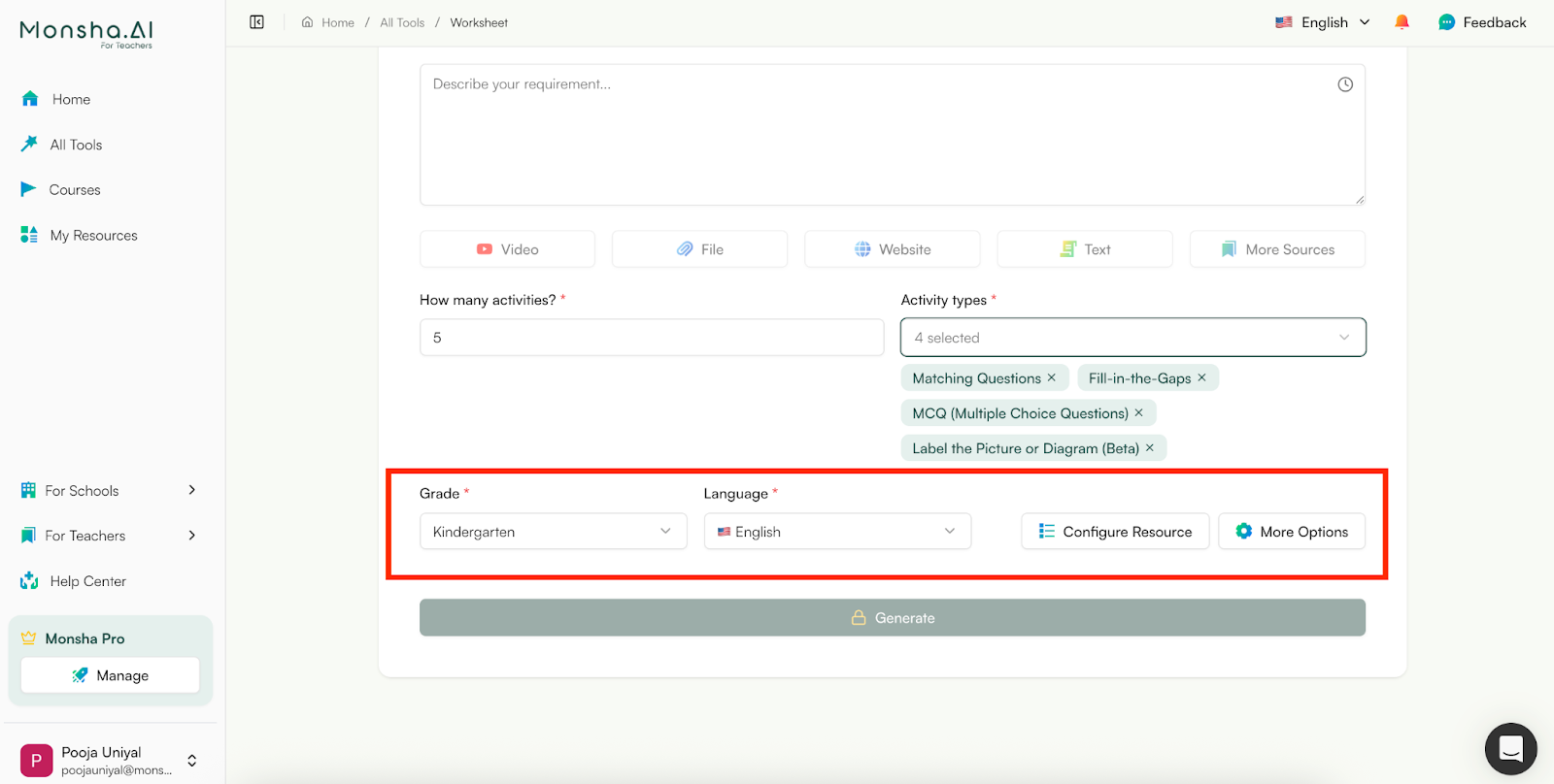 monsha kindergarten worksheet generator