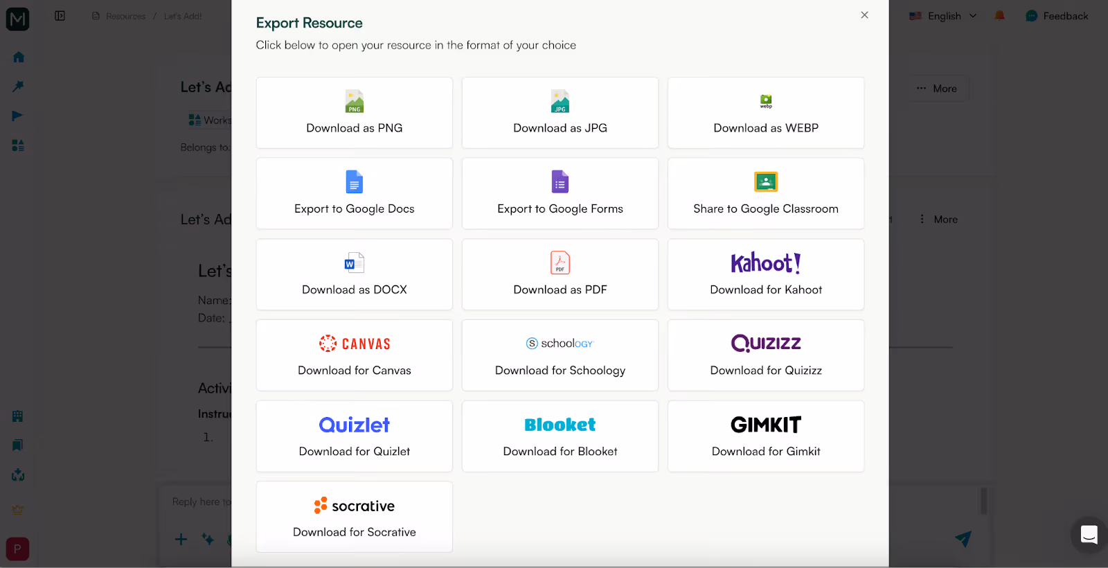 export options in kindergarten worksheet generator
