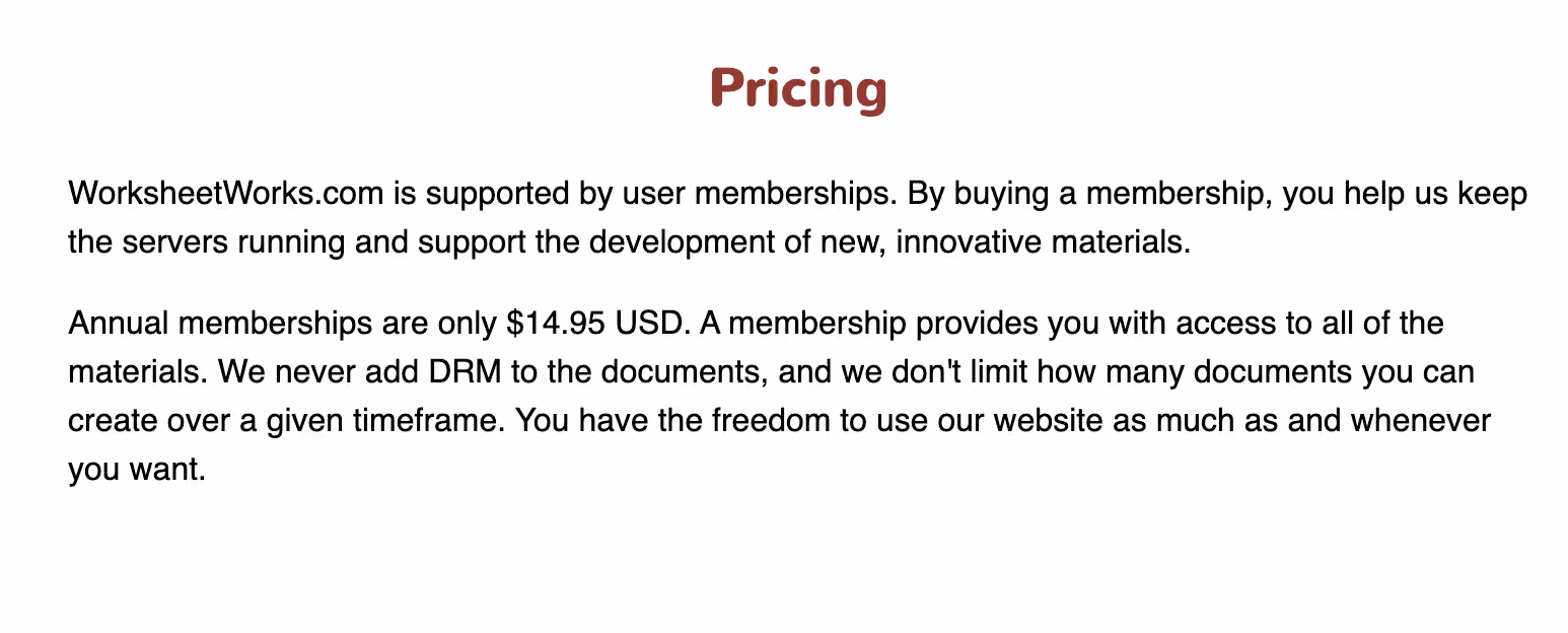 pricing of kindergarten worksheet generator