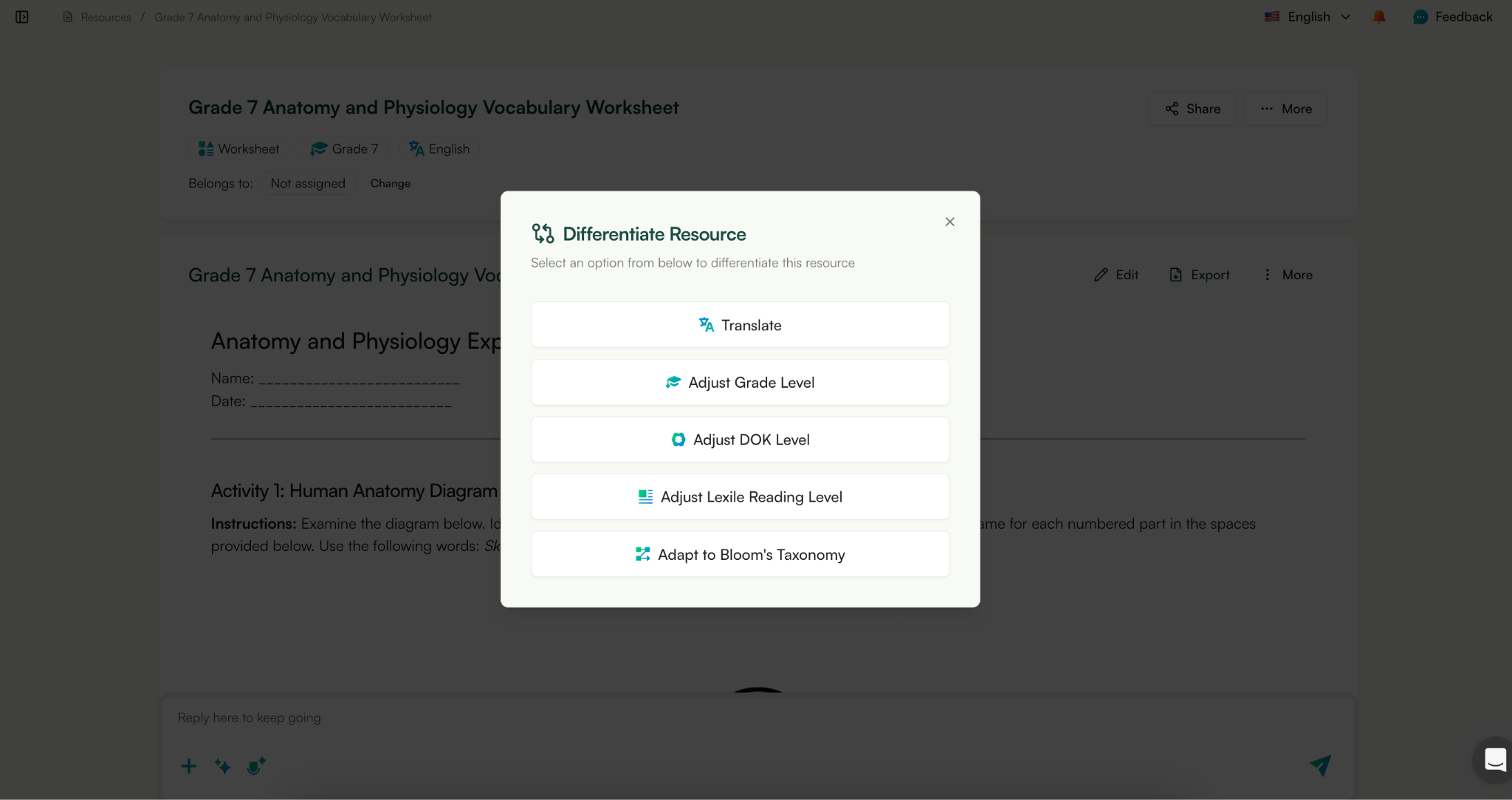 create vocabulary worksheet with AI