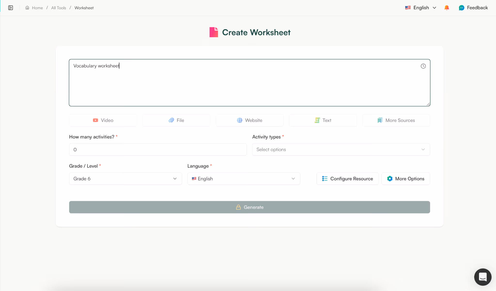 create vocabulary worksheets with AI