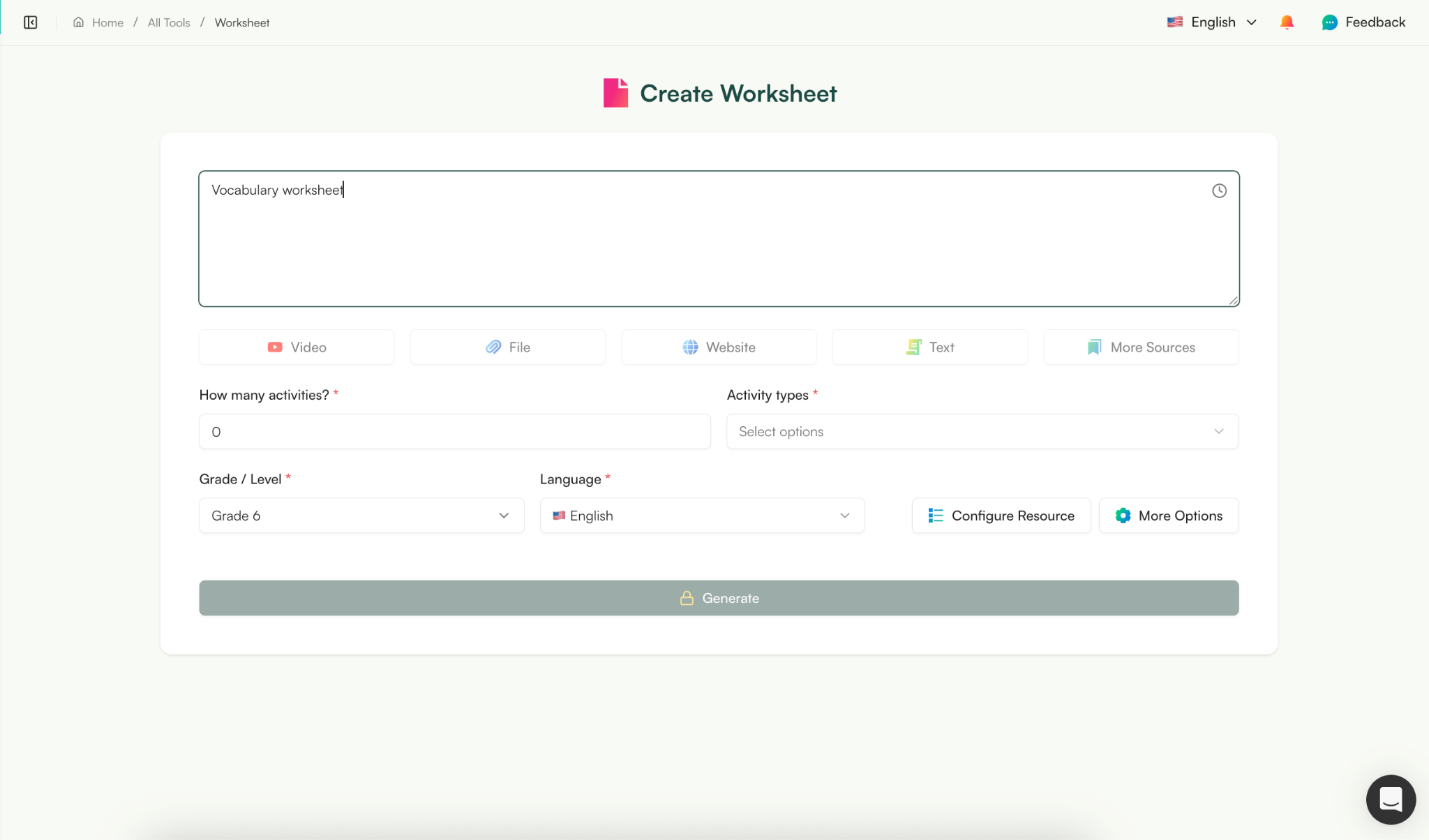 create vocabulary worksheets with AI