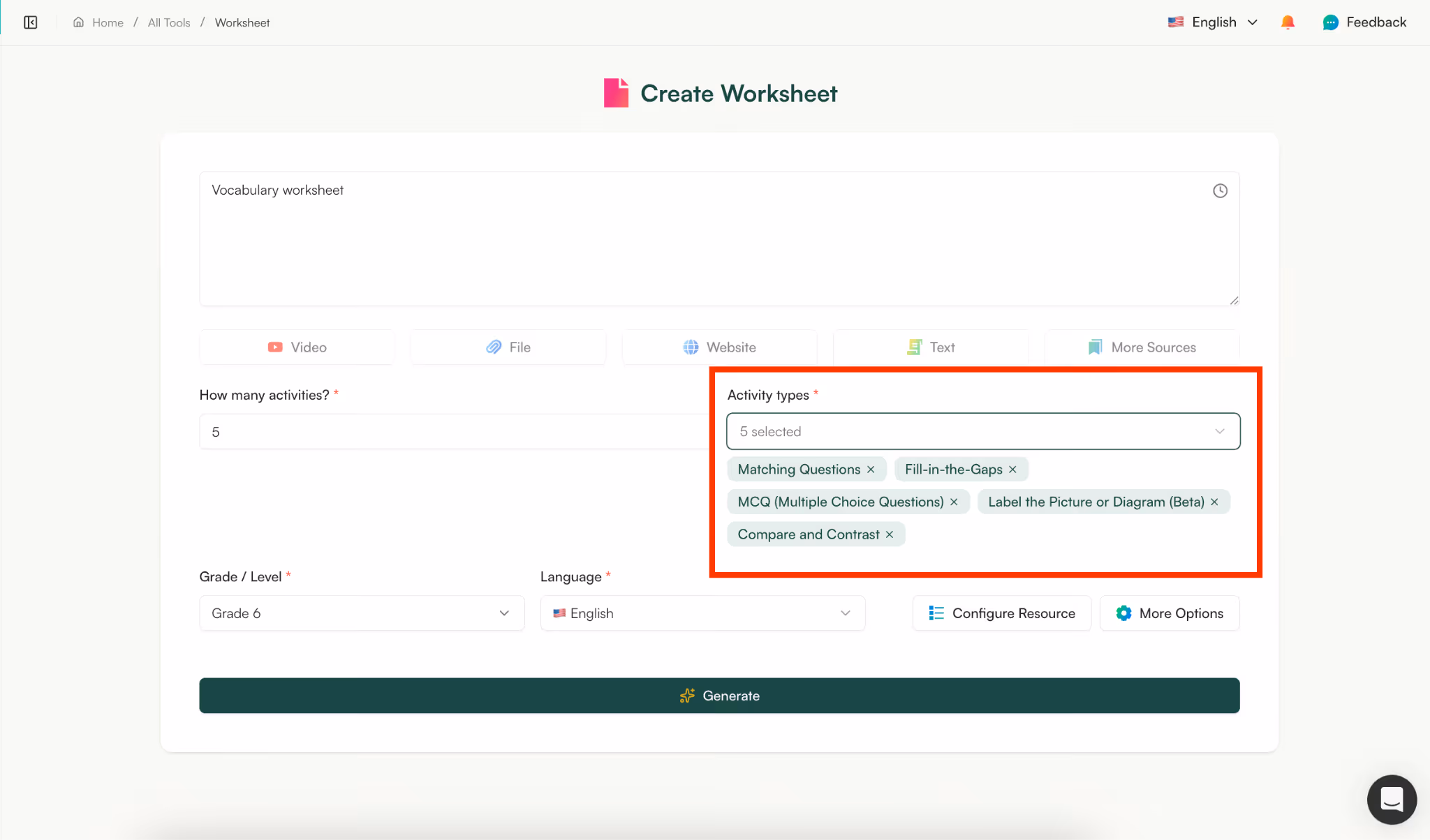 create vocabulary worksheets with AI