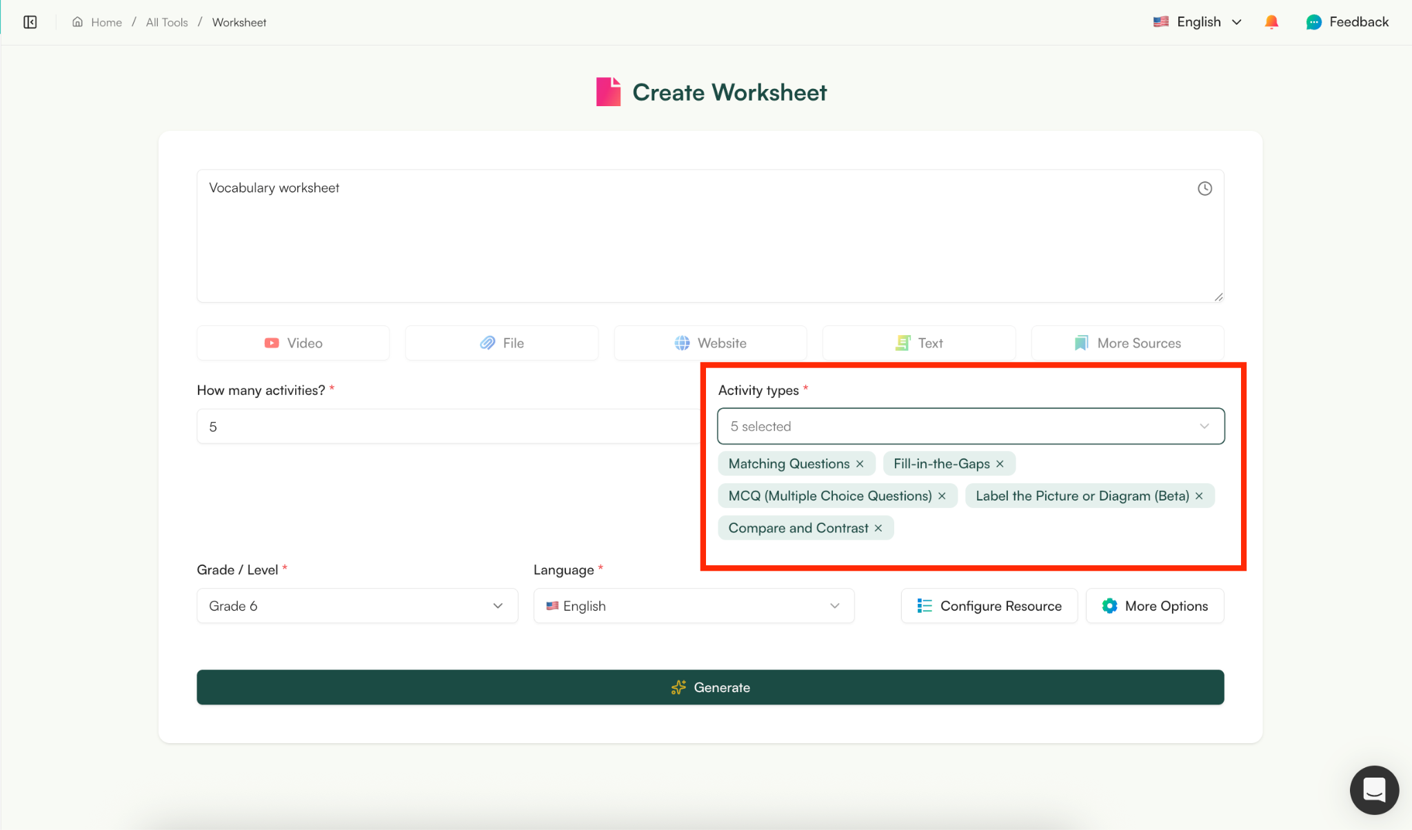 create vocabulary worksheets with AI