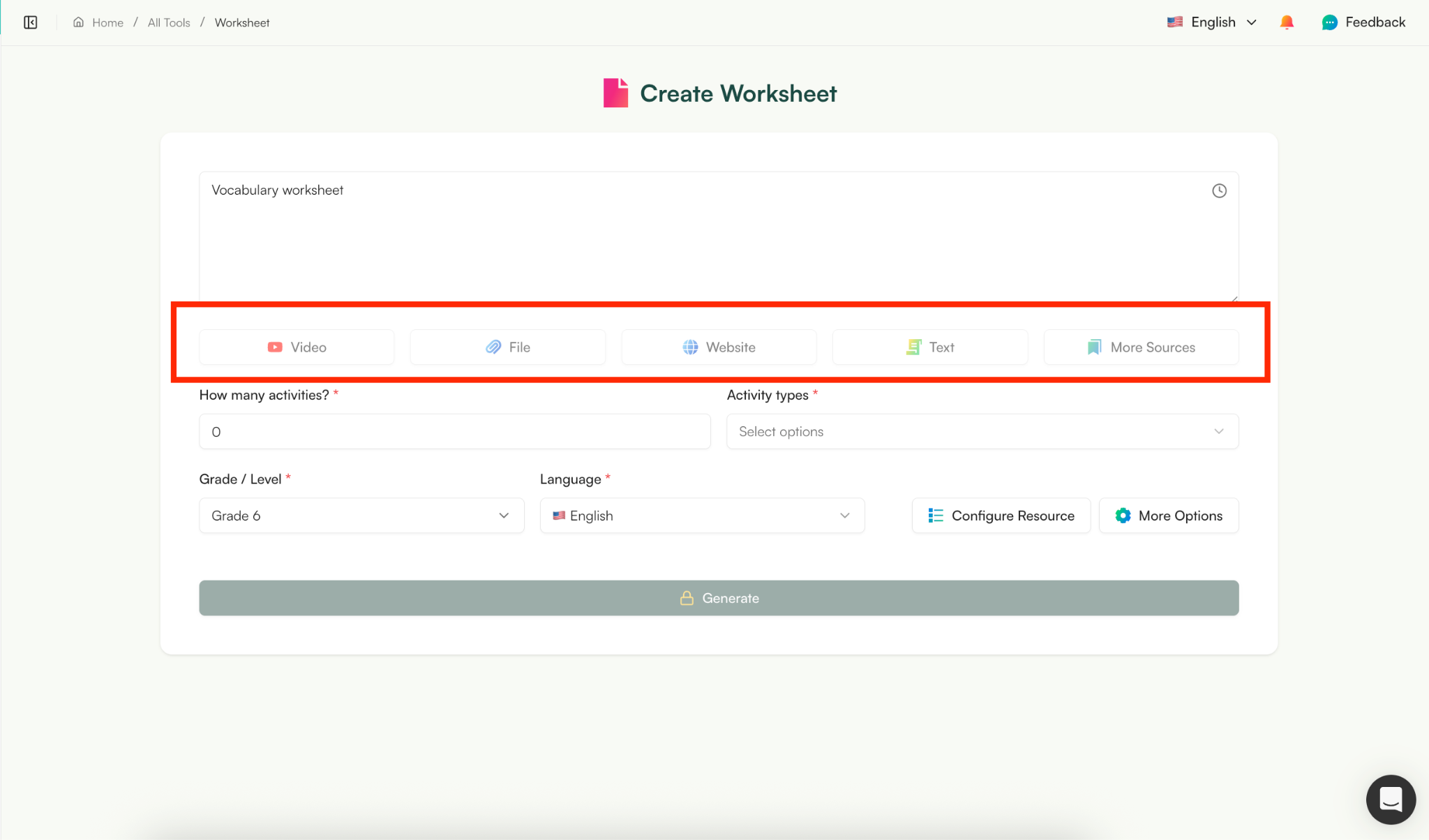 create vocabulary worksheets with AI