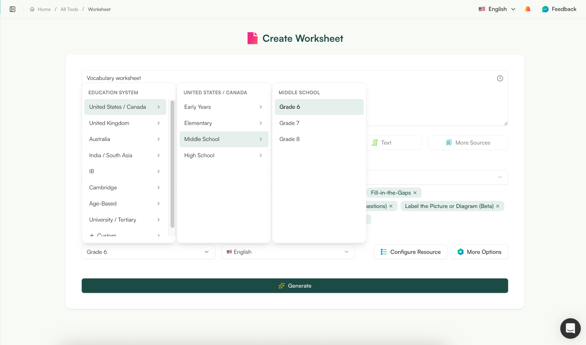 create vocabulary worksheets with AI