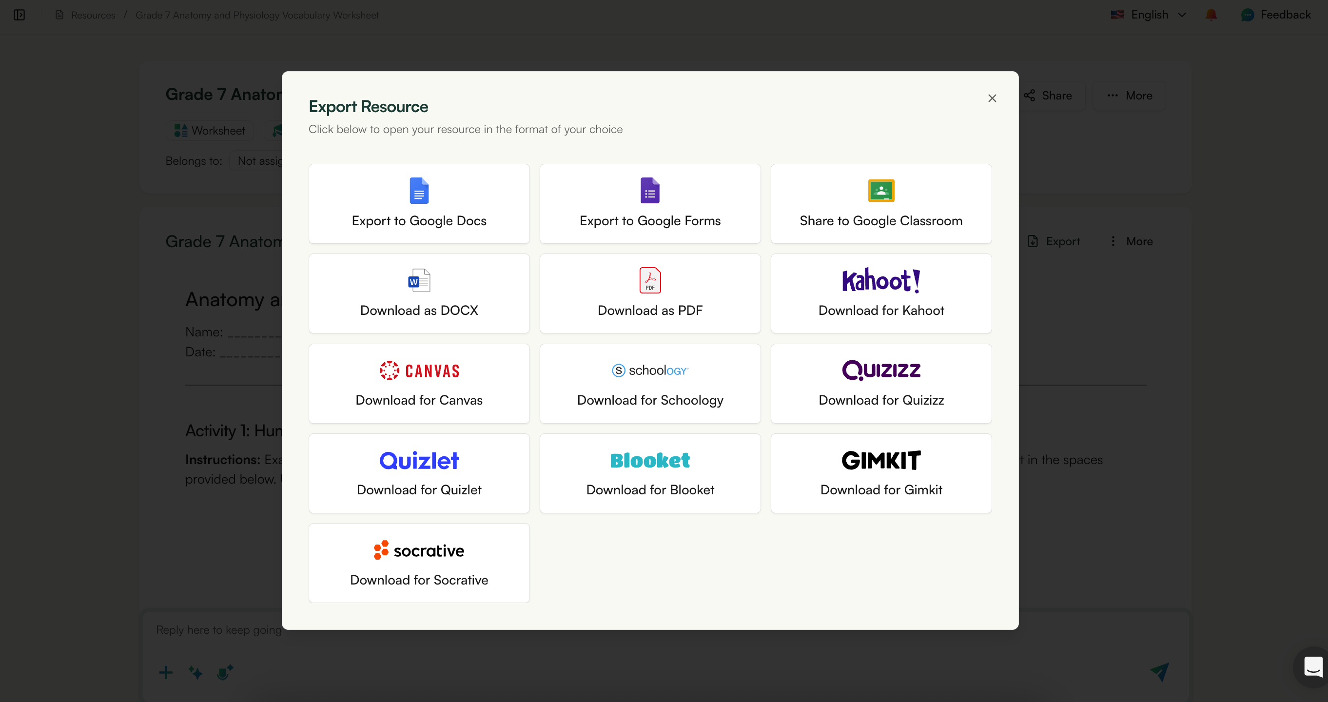 Export vocabulary worksheets