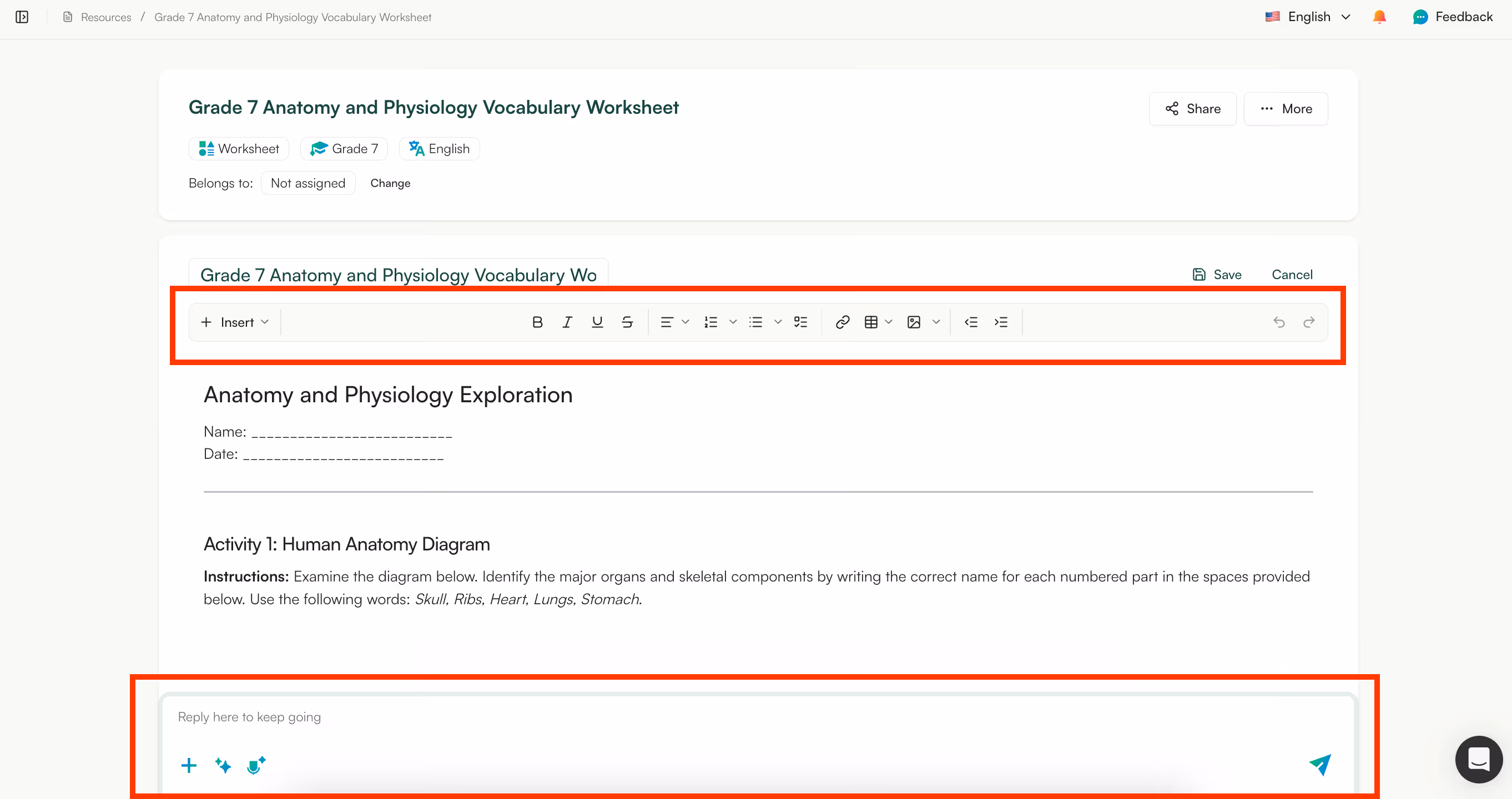 Edit vocabulary worksheets through AI prompting