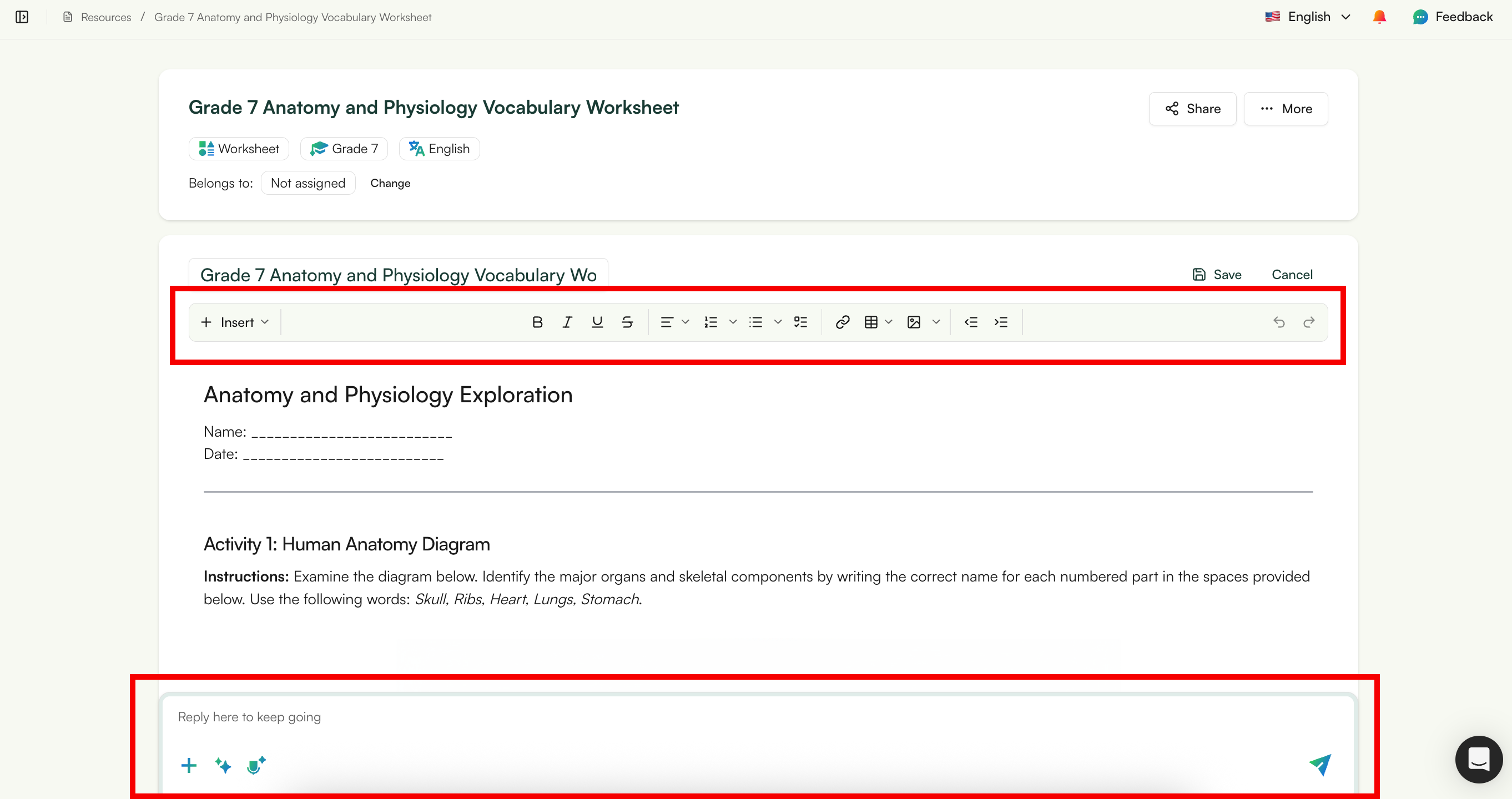 Edit vocabulary worksheets through AI prompting