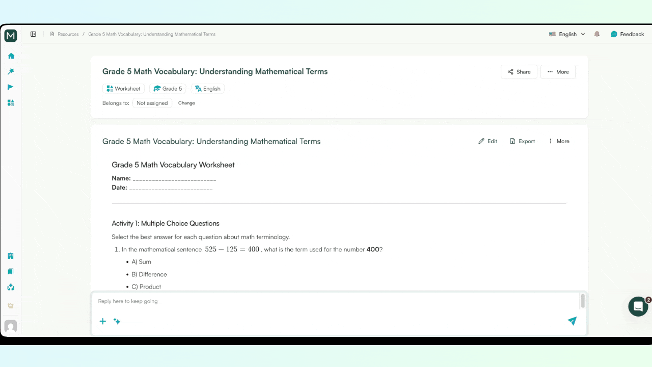 math vocabulary worksheet