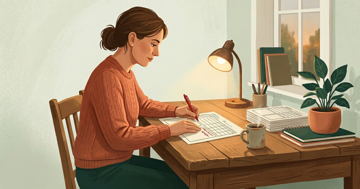 Teacher writing report card comments for students at a desk with a laptop and stack of papers