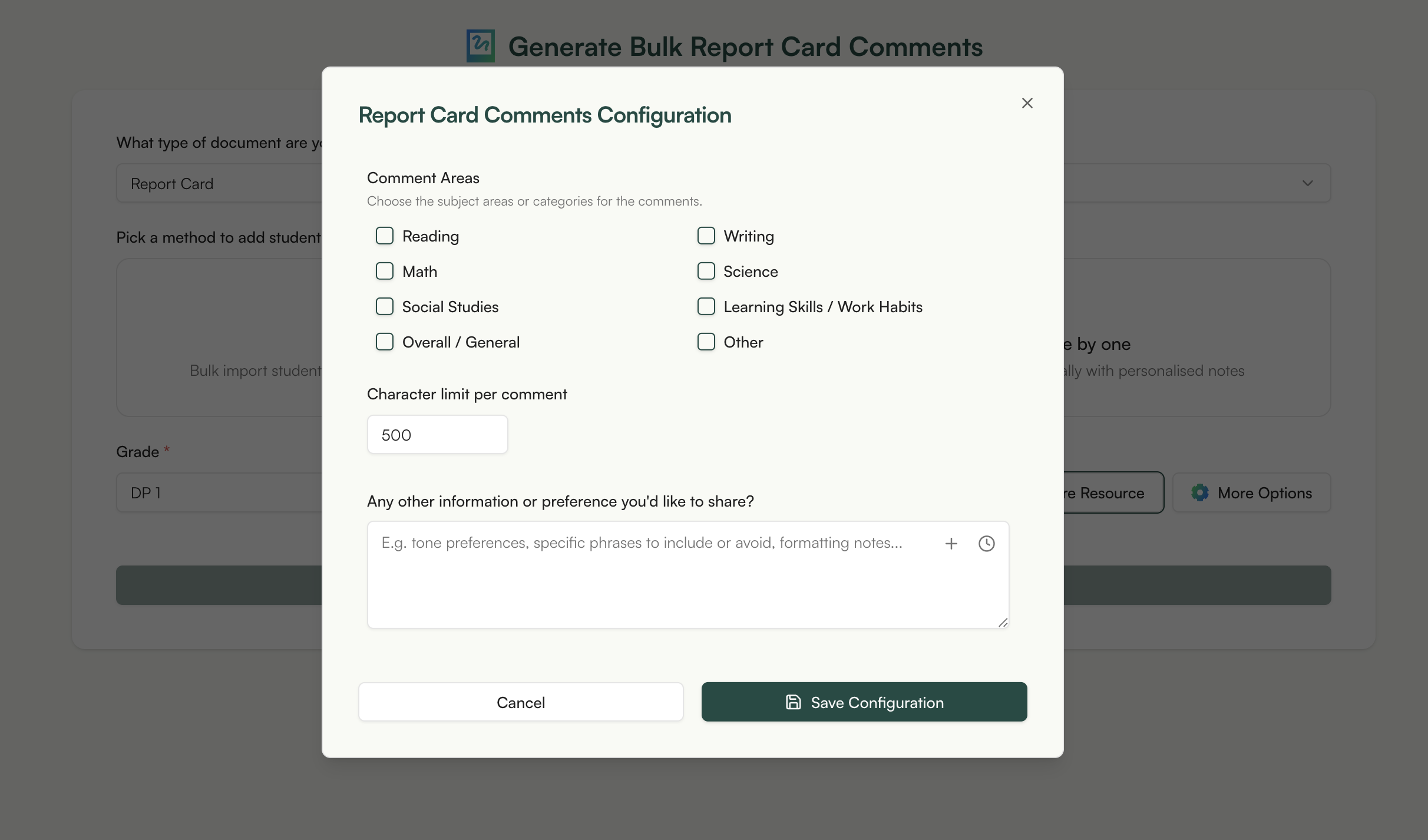 Configure Resource - Monsha Report Card Comments Generator