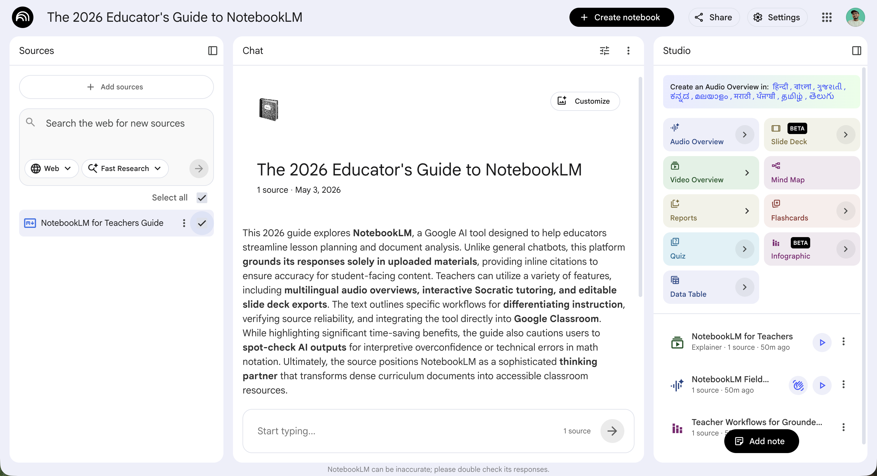 NotebookLM three-panel layout