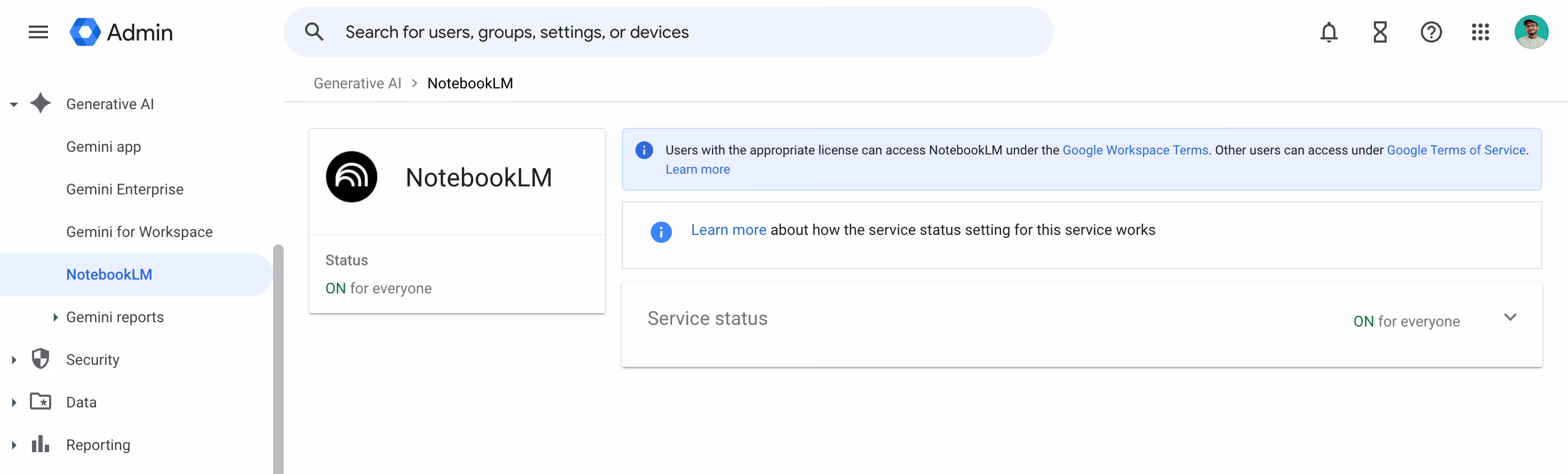 Admin console path "Generative AI → NotebookLM → Service status"