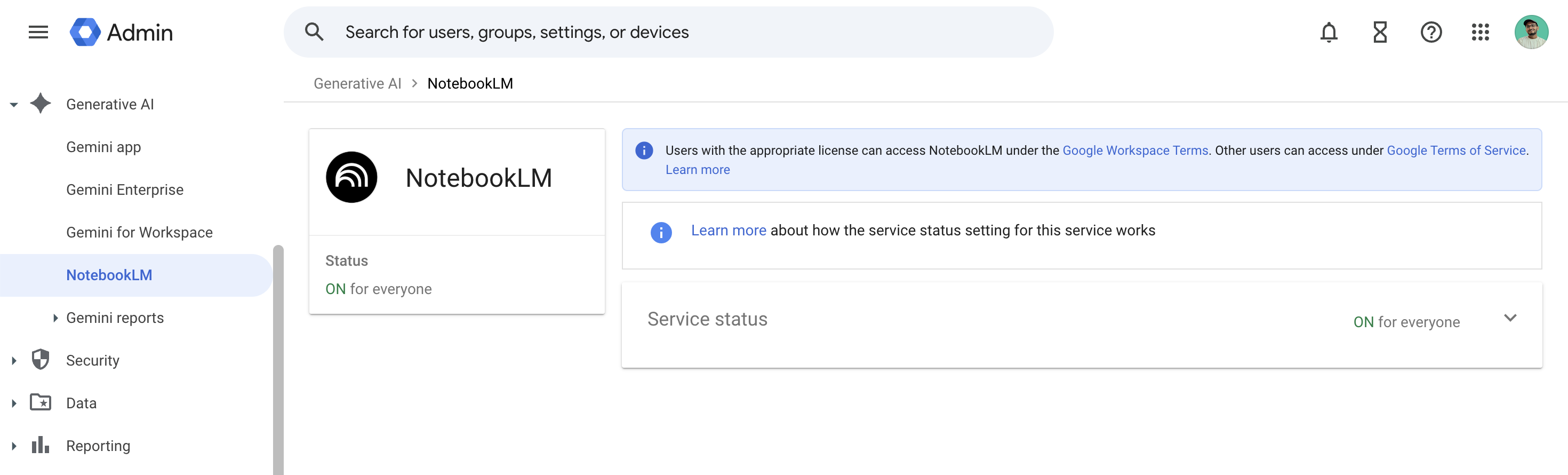 Admin console path "Generative AI → NotebookLM → Service status"
