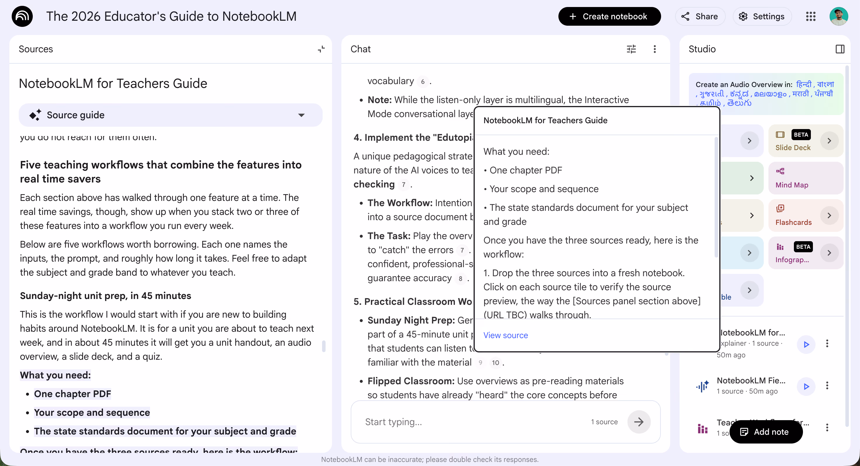 NotebookLM chat answer with one of its inline citations clicked