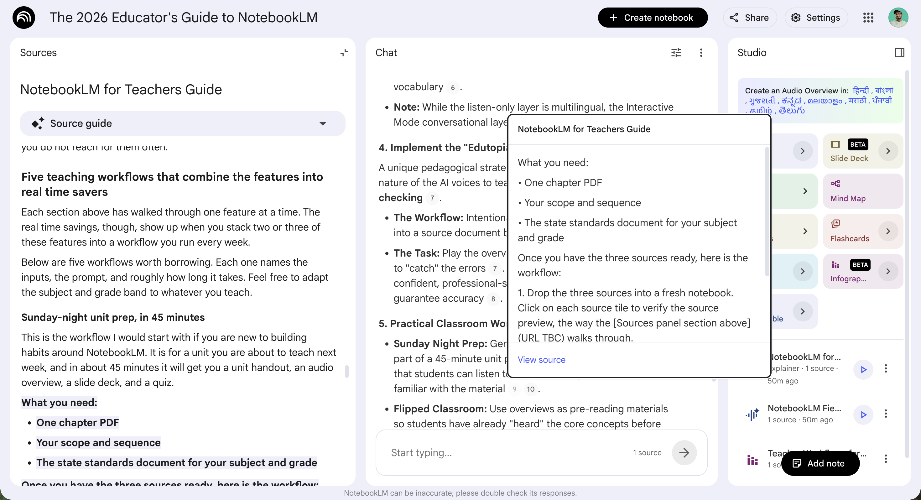 NotebookLM chat answer with one of its inline citations clicked