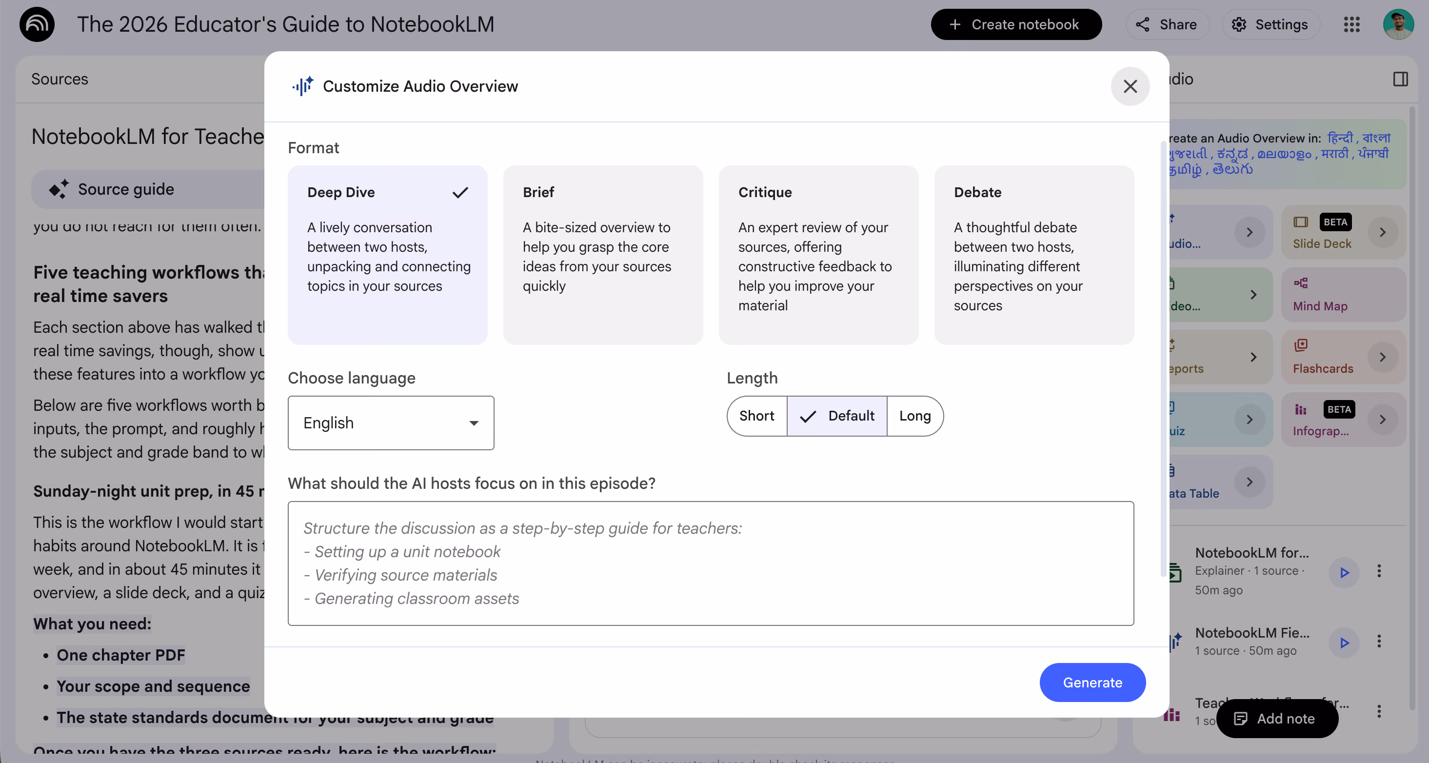 NotebookLM Studio panel with the Audio Overview
