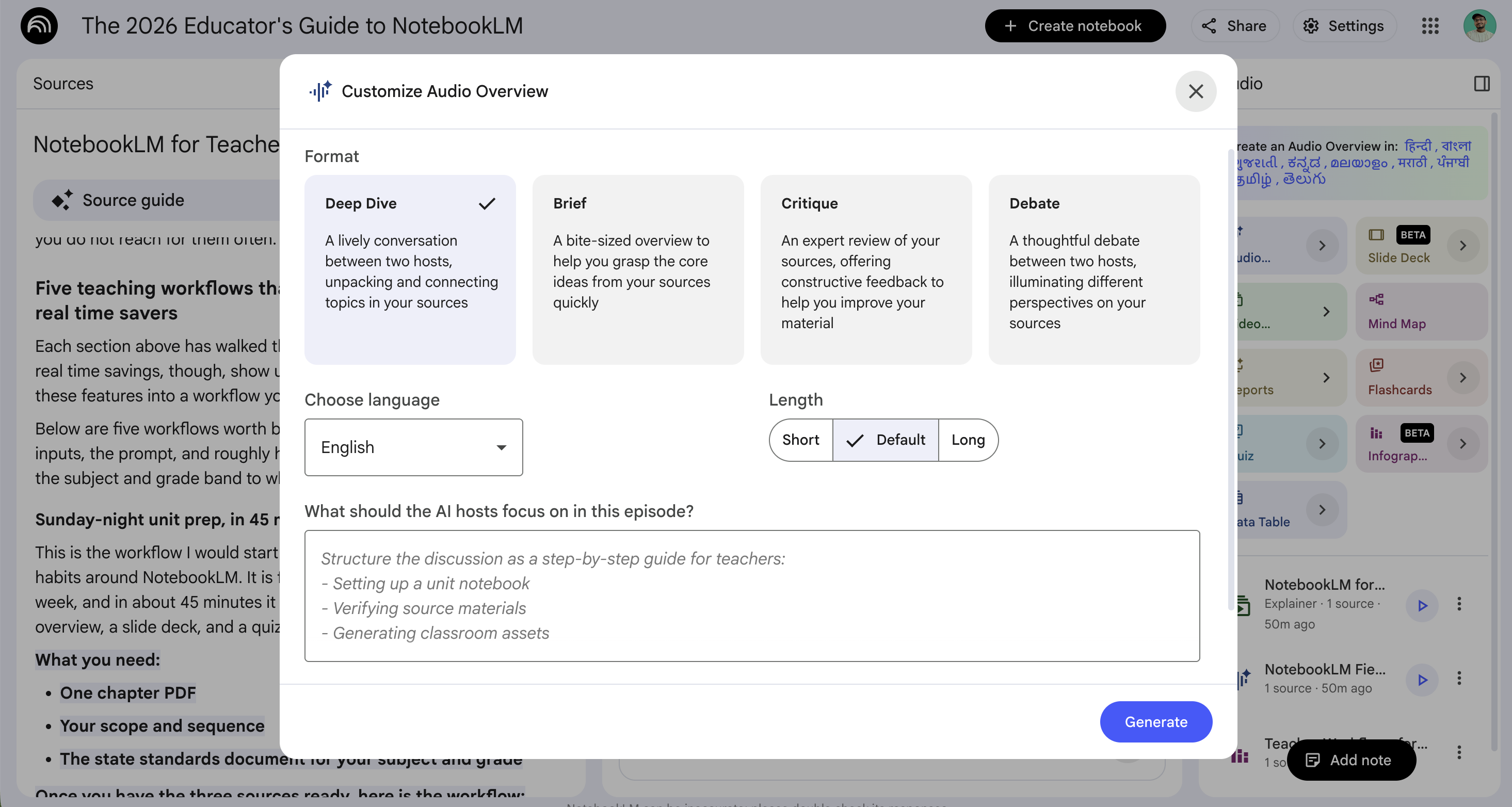 NotebookLM Studio panel with the Audio Overview