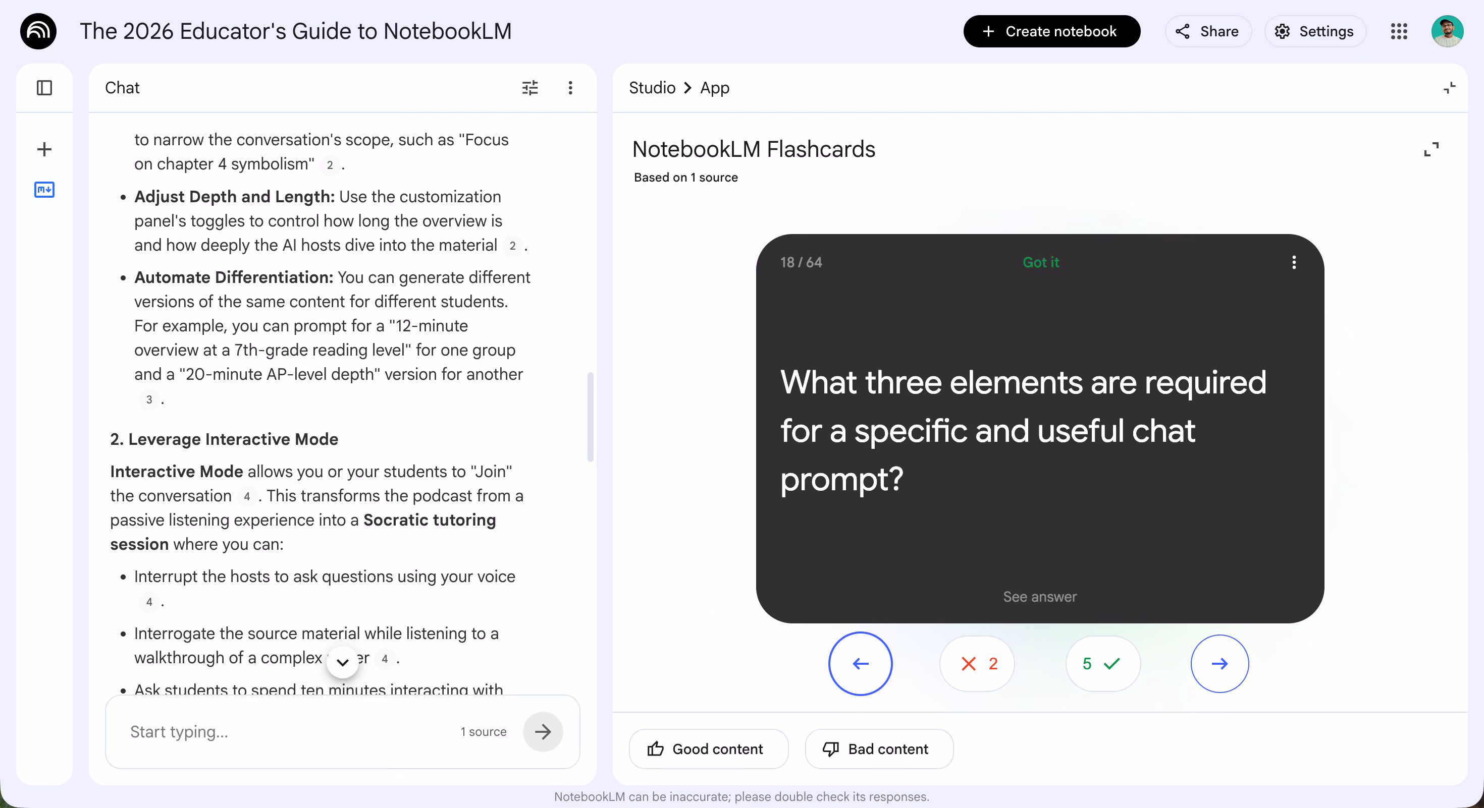 NotebookLM flashcard mid-review with the Got it / Missed it buttons visible