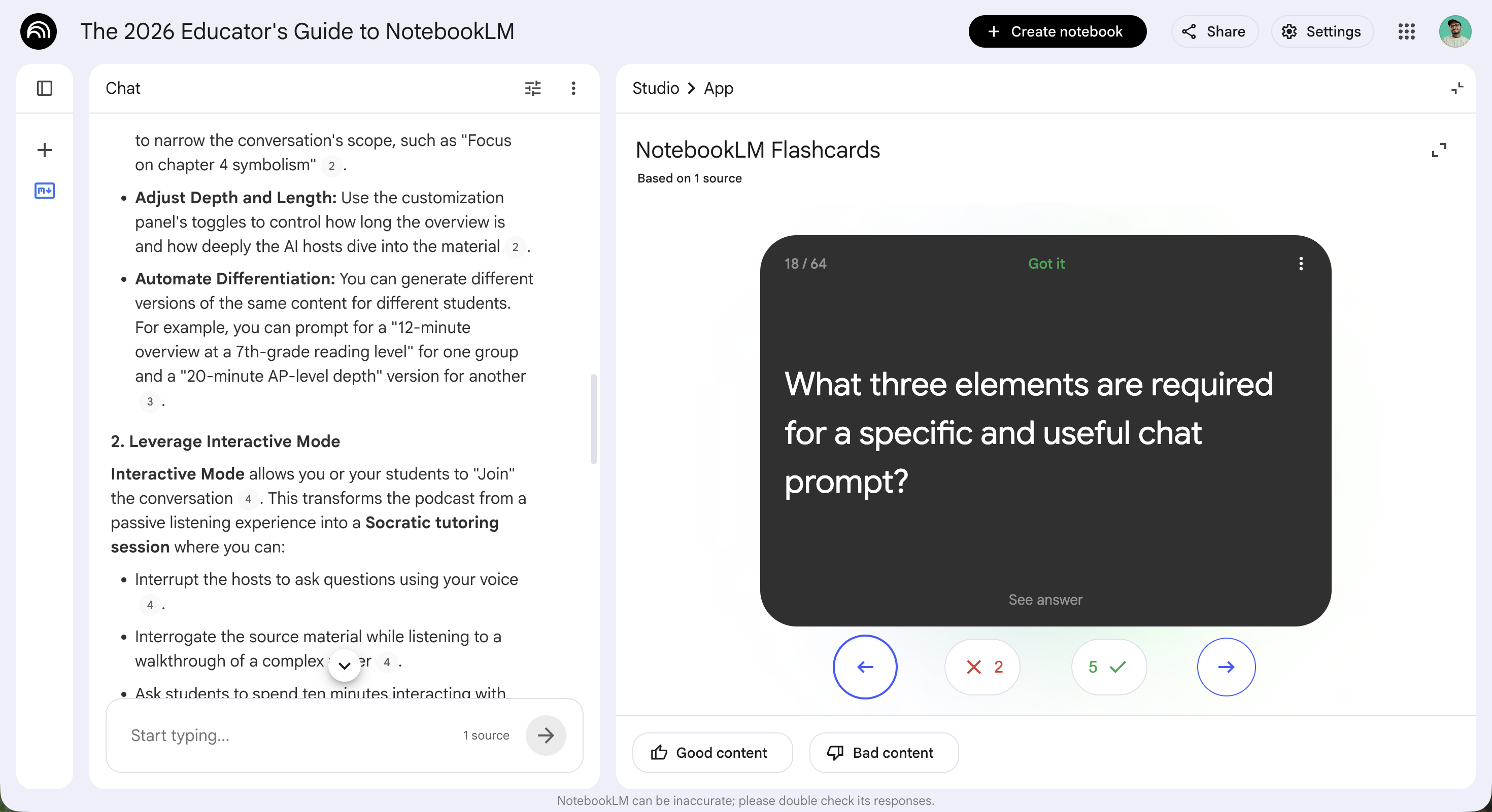 NotebookLM flashcard mid-review with the Got it / Missed it buttons visible