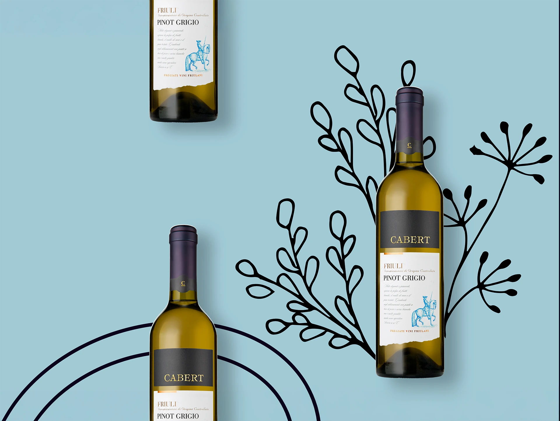 Three Cabert Friuli Pinot Grigio wine bottles on a light blue background with black leaf and circle illustrations.