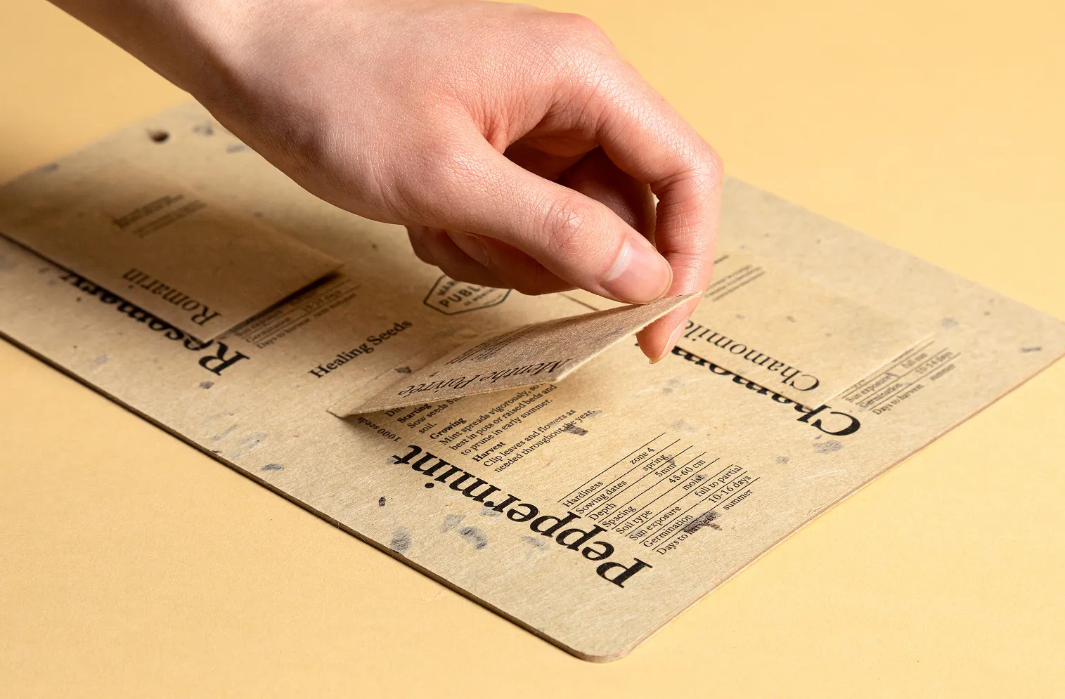 Board with 4 packets over tan background