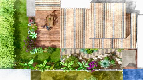 Vue en plan d’un aménagement paysager réalisé en modélisation 3D par un paysagiste professionnel