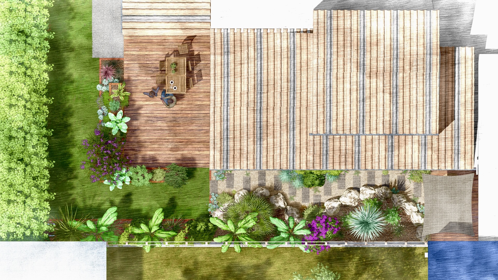 Vue en plan d’un aménagement paysager réalisé en modélisation 3D par un paysagiste professionnel