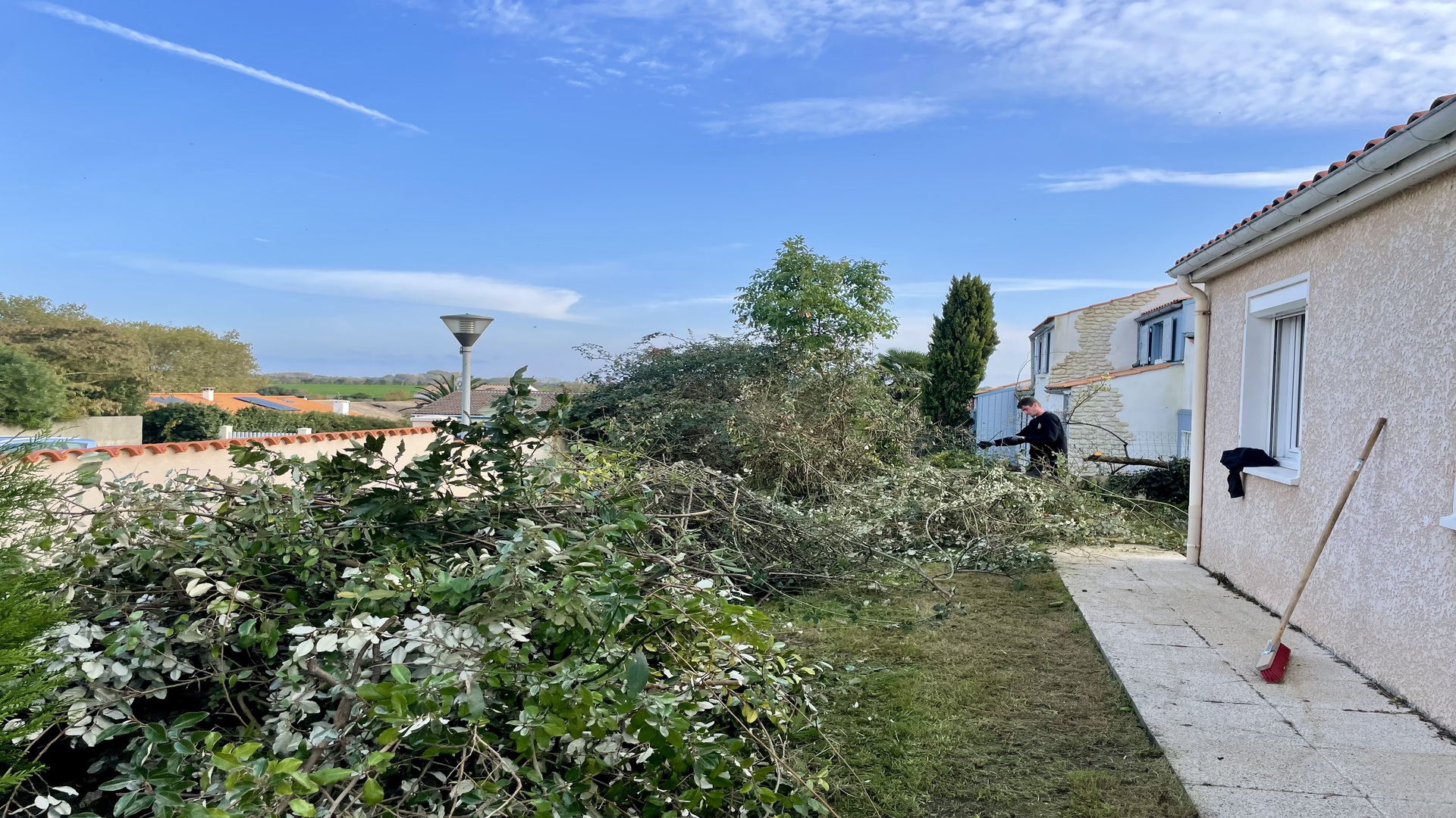 Travaux de débroussaillage et taille de haies dans un jardin résidentiel par un paysagiste professionnel