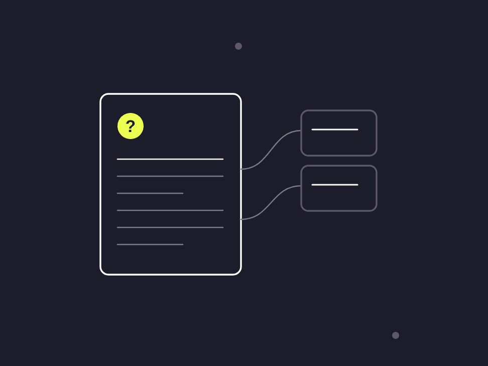 Illustration: an open article with a question heading and 3 lines down to ring cards