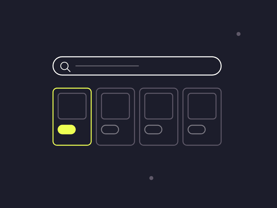 Illustration: a search box with a row of framed picture cards beneath it, each with a price label