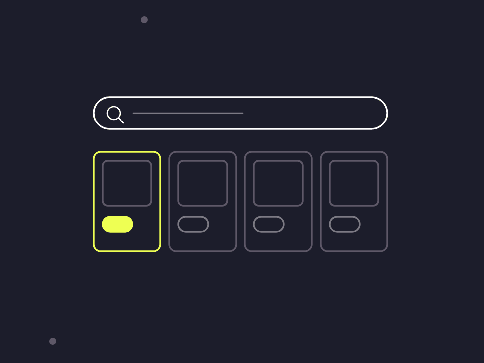 Illustration: a phone screen with a row of product cards under the search box, each priced