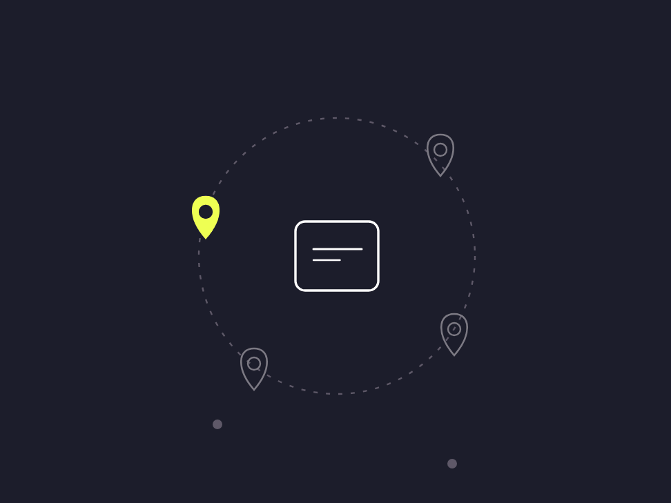 Illustration: a town marker with a delivery radius, a counter inside, a parcel arrow beyond