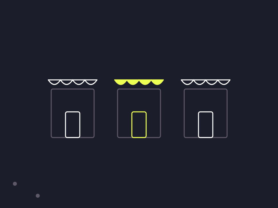 Illustration: a harbour outline with 5 shop icons spread from the quay to the beaches