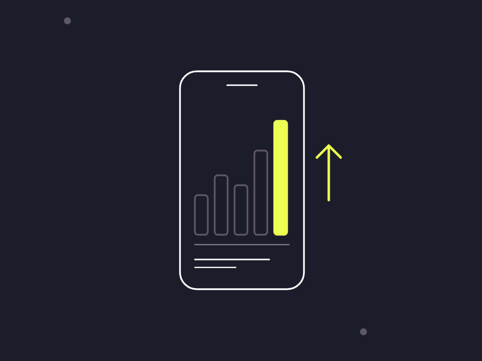 Illustration: a handset showing 5 collection names with arrows, 3 rising and 2 level