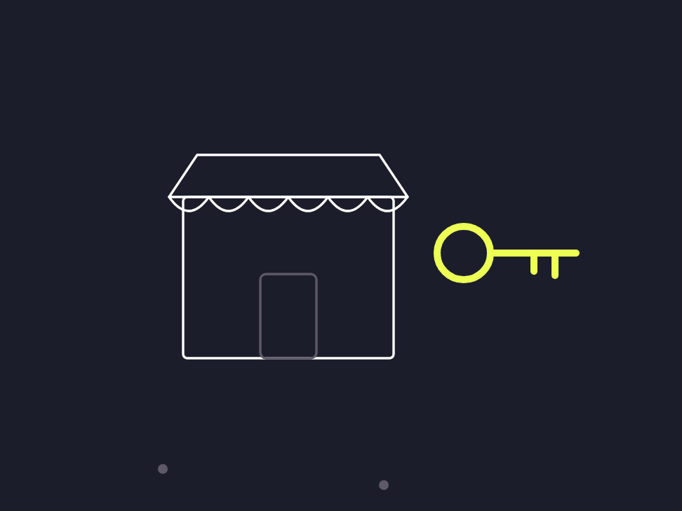 Illustration: a shopfront outline with the owner's name on the door and a key beside it