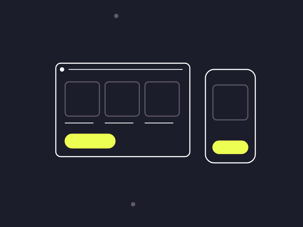 Illustration: a phone wireframe with dress tiles, 3 filter chips and a size guide link