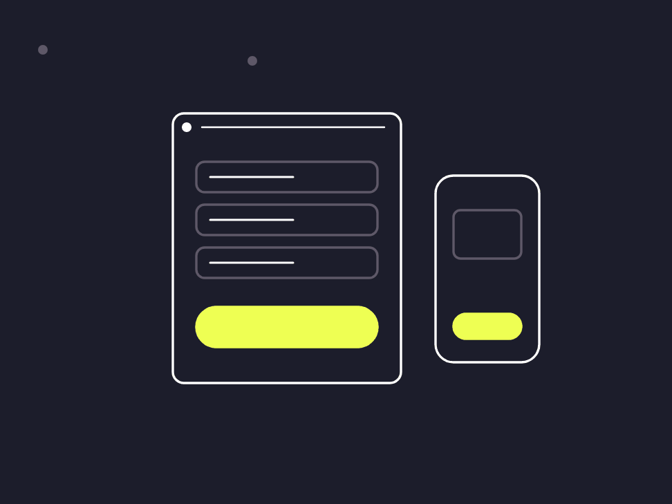 Illustration: a checkout screen with 2 quick pay buttons and a stack of parcels beside it