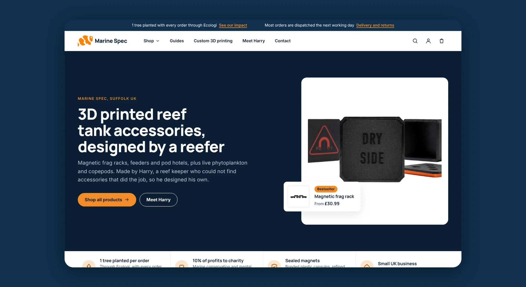 Marine Spec Shopify homepage on a desktop screen, navy theme with an orange clownfish accent