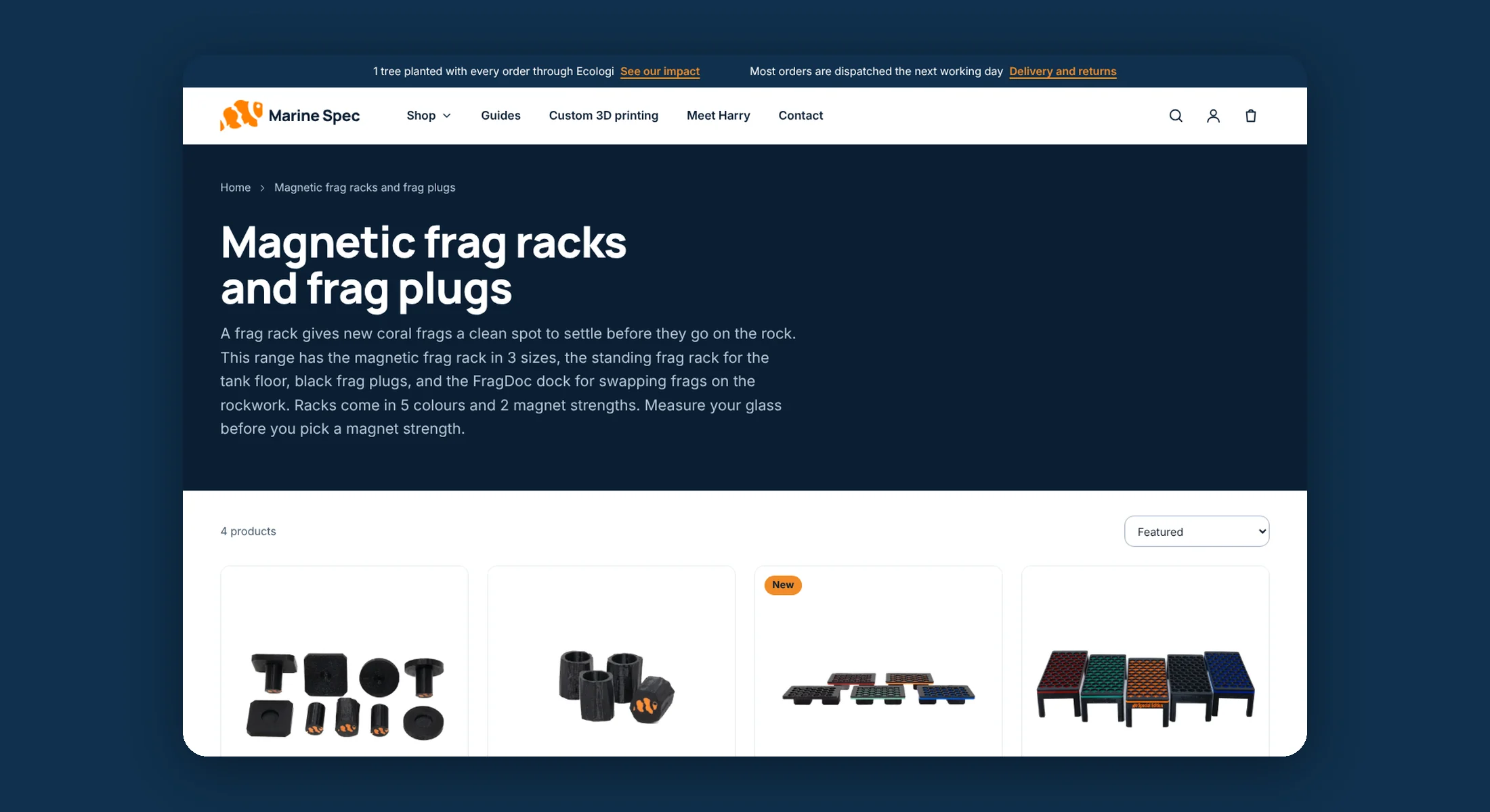 The frag racks collection page on Marine Spec with a grid of products