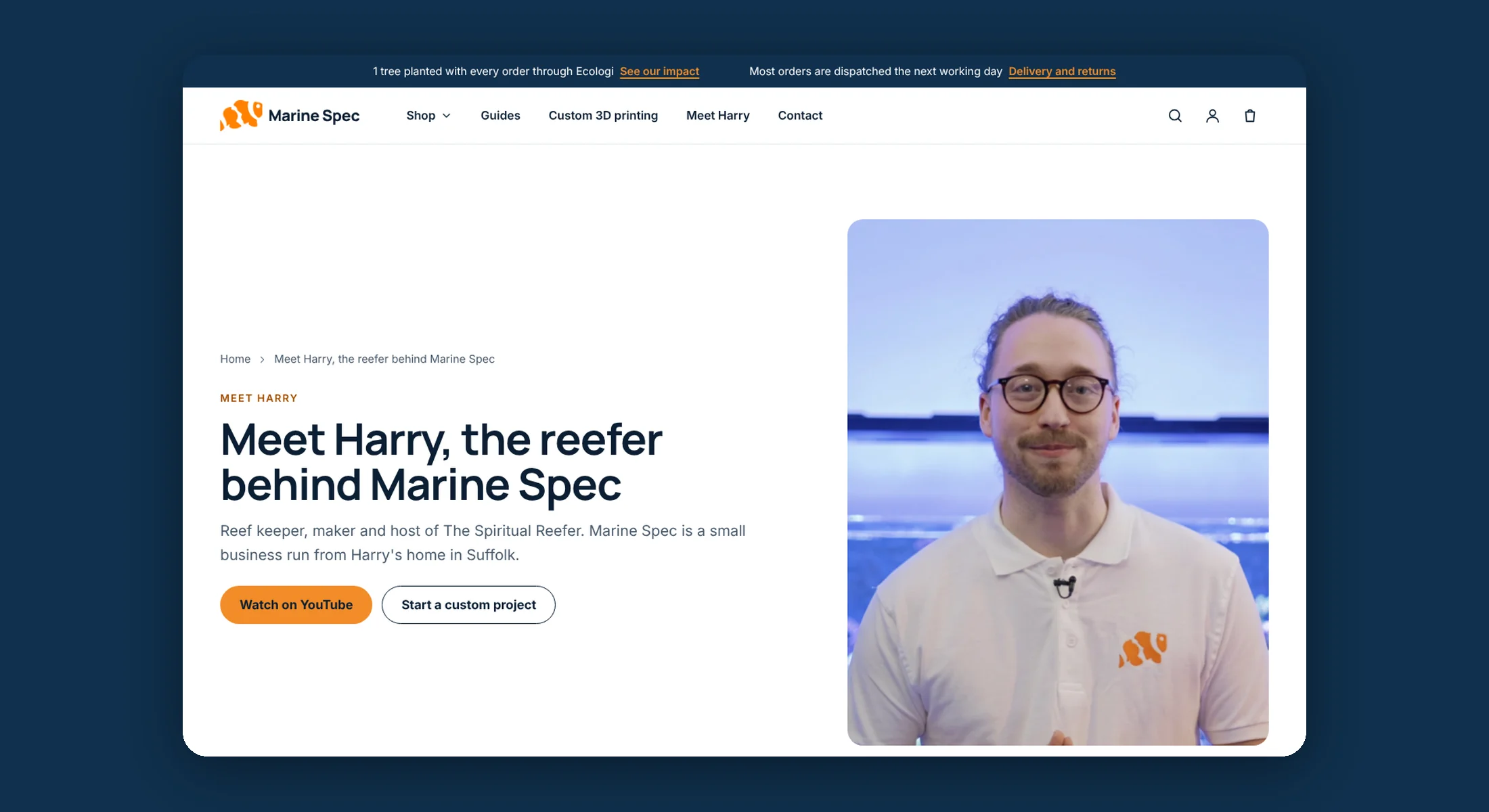 The Meet Harry page introducing the reef keeper who designs and 3D prints the range