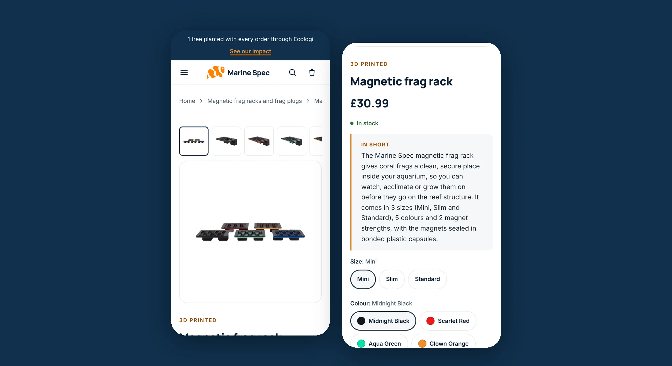 The Marine Spec magnetic frag rack product page on a phone, showing size and colour options