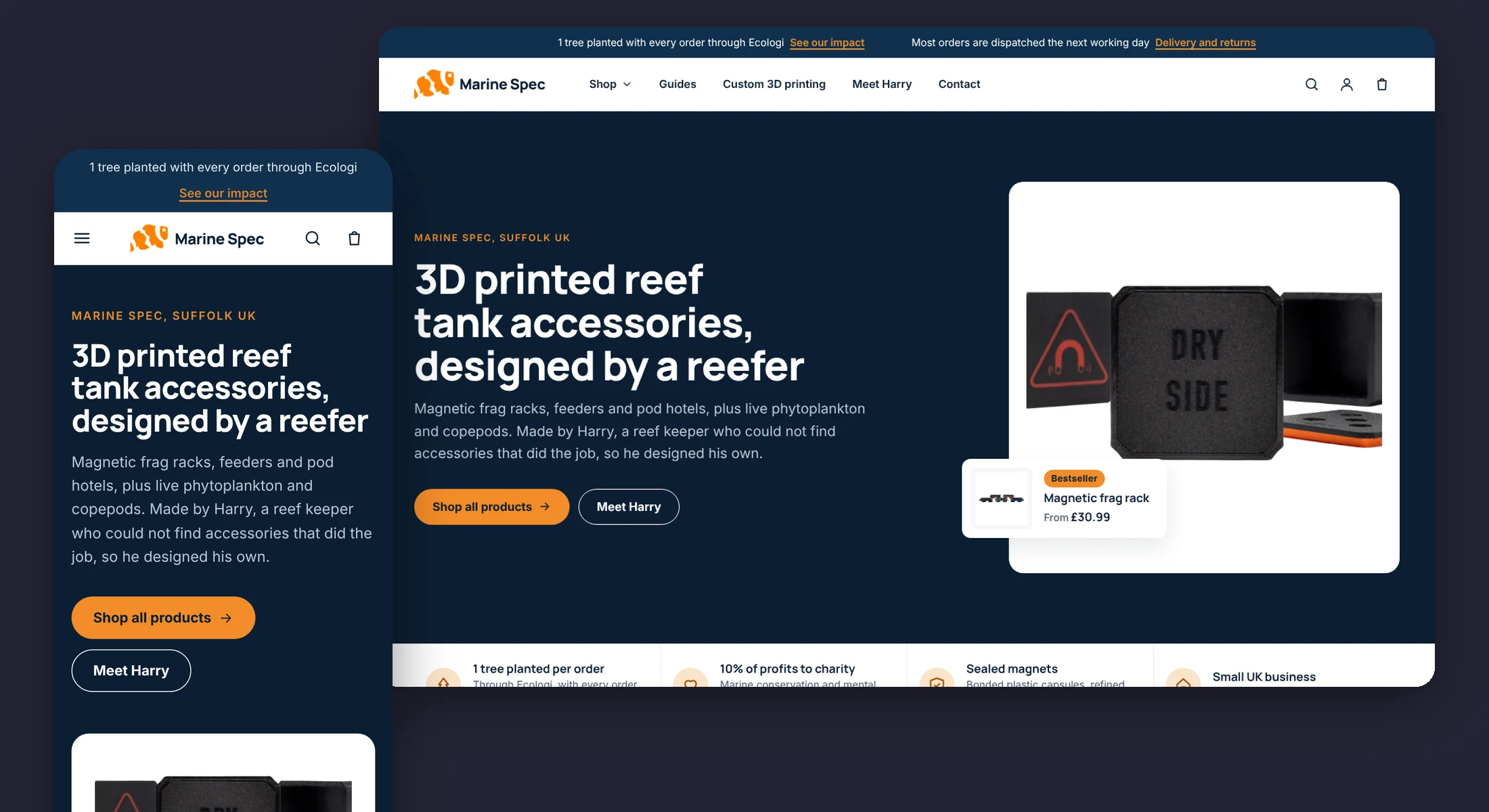 The Marine Spec Shopify store on a desktop and a phone, navy theme with an orange clownfish logo