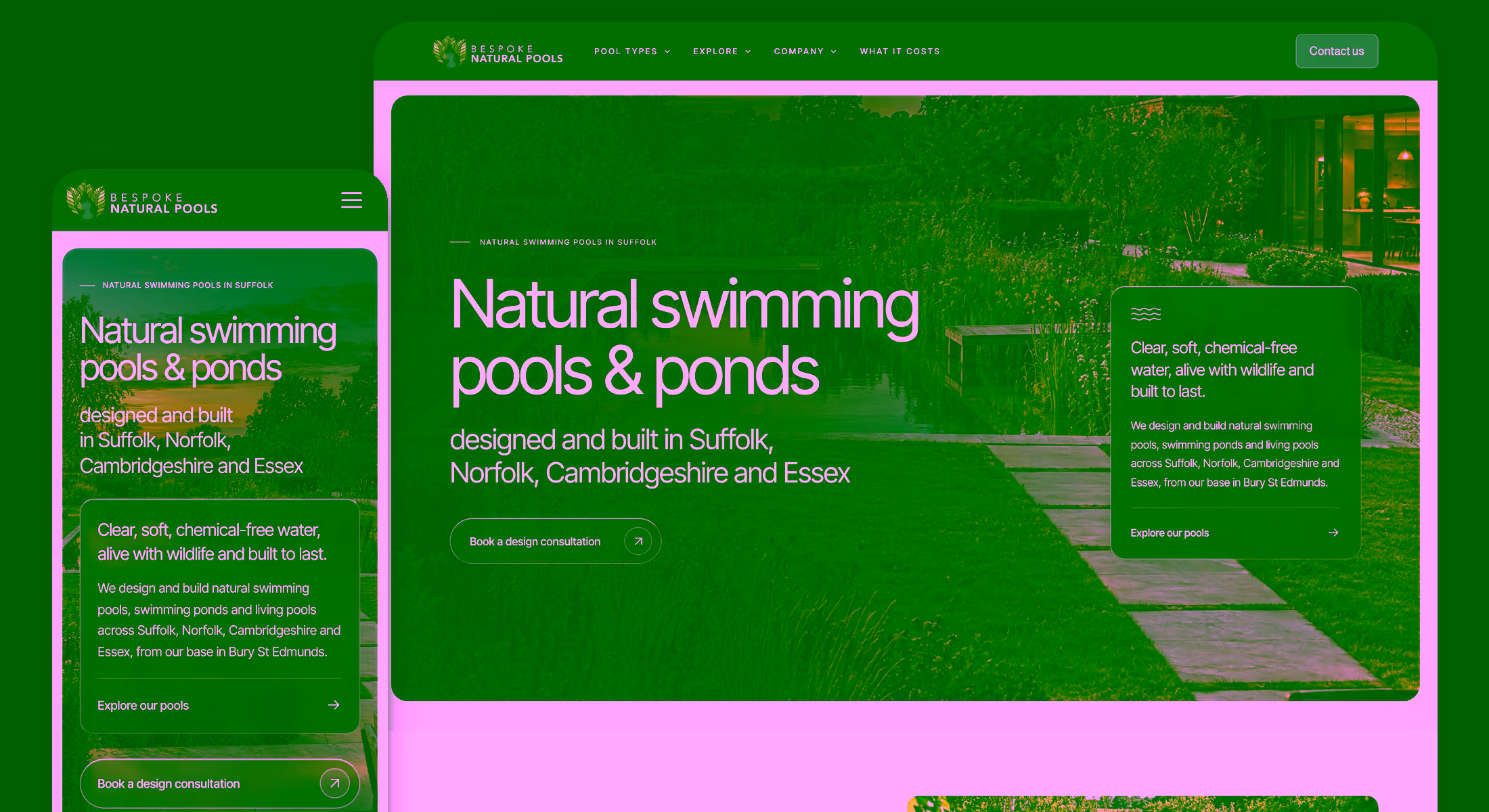 Bespoke Natural Pools website shown on desktop and mobile