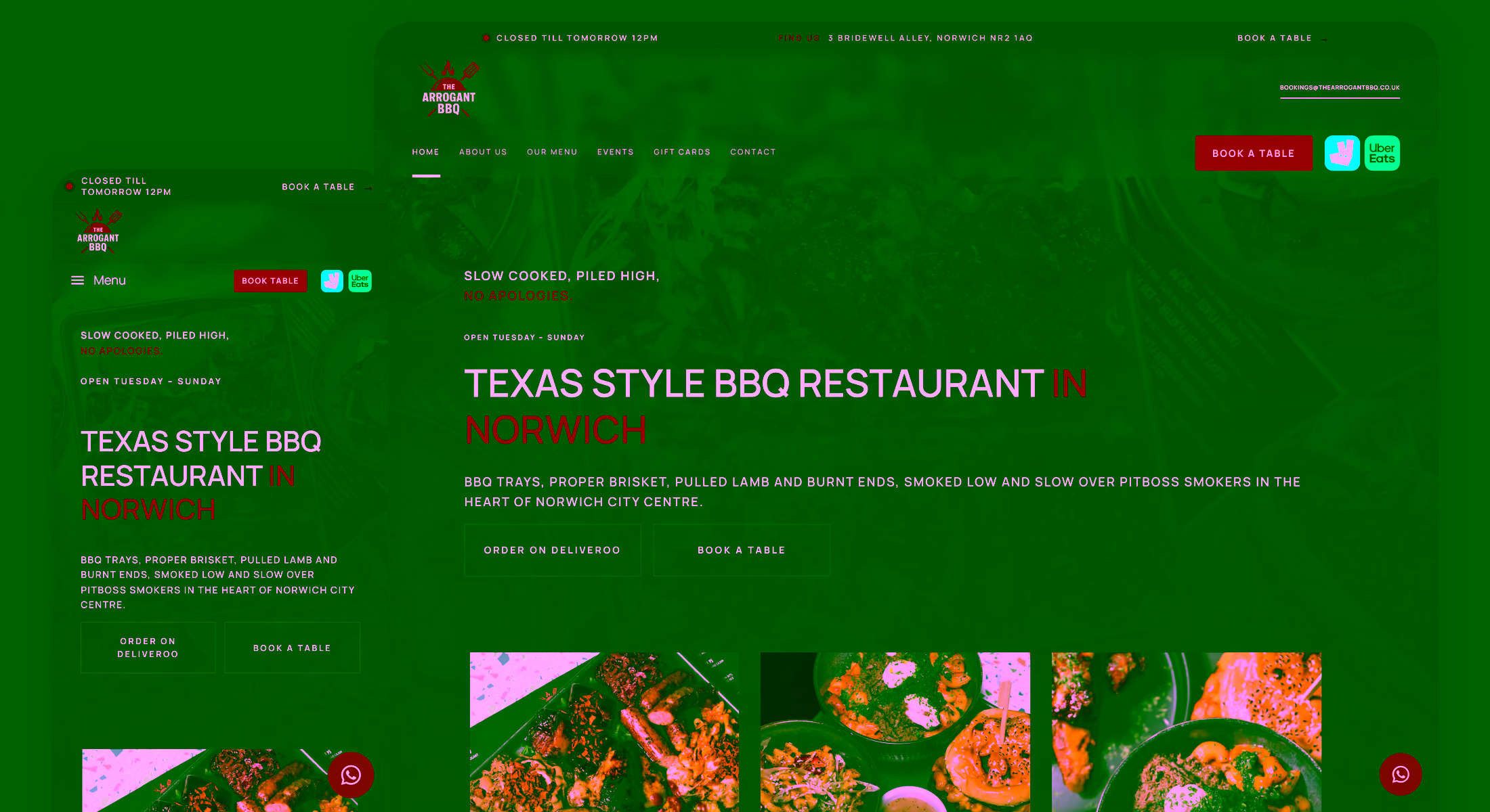 The Arrogant BBQ website shown on desktop and mobile