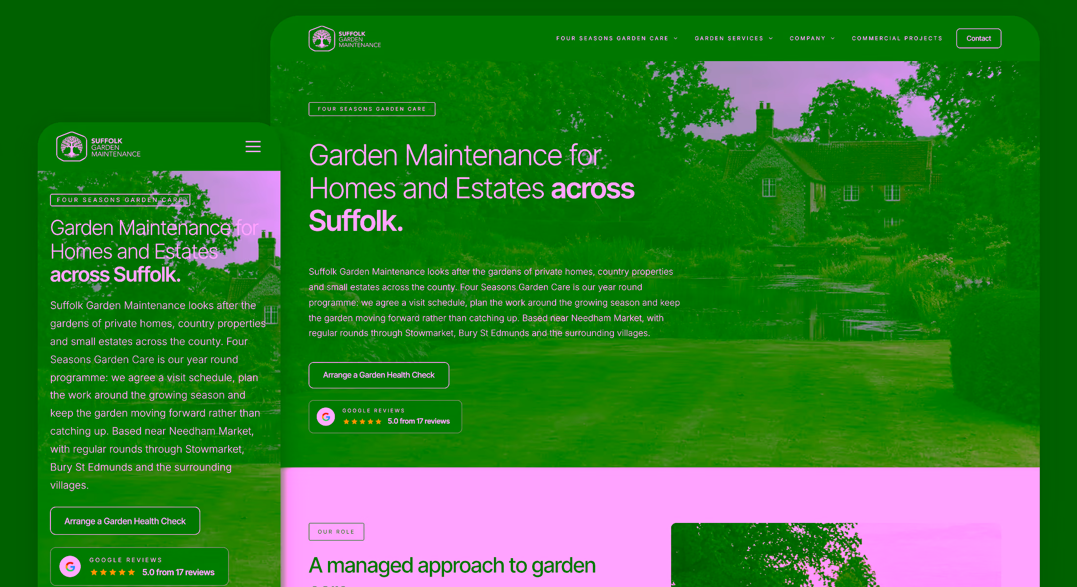 Suffolk Garden Maintenance website shown on desktop and mobile