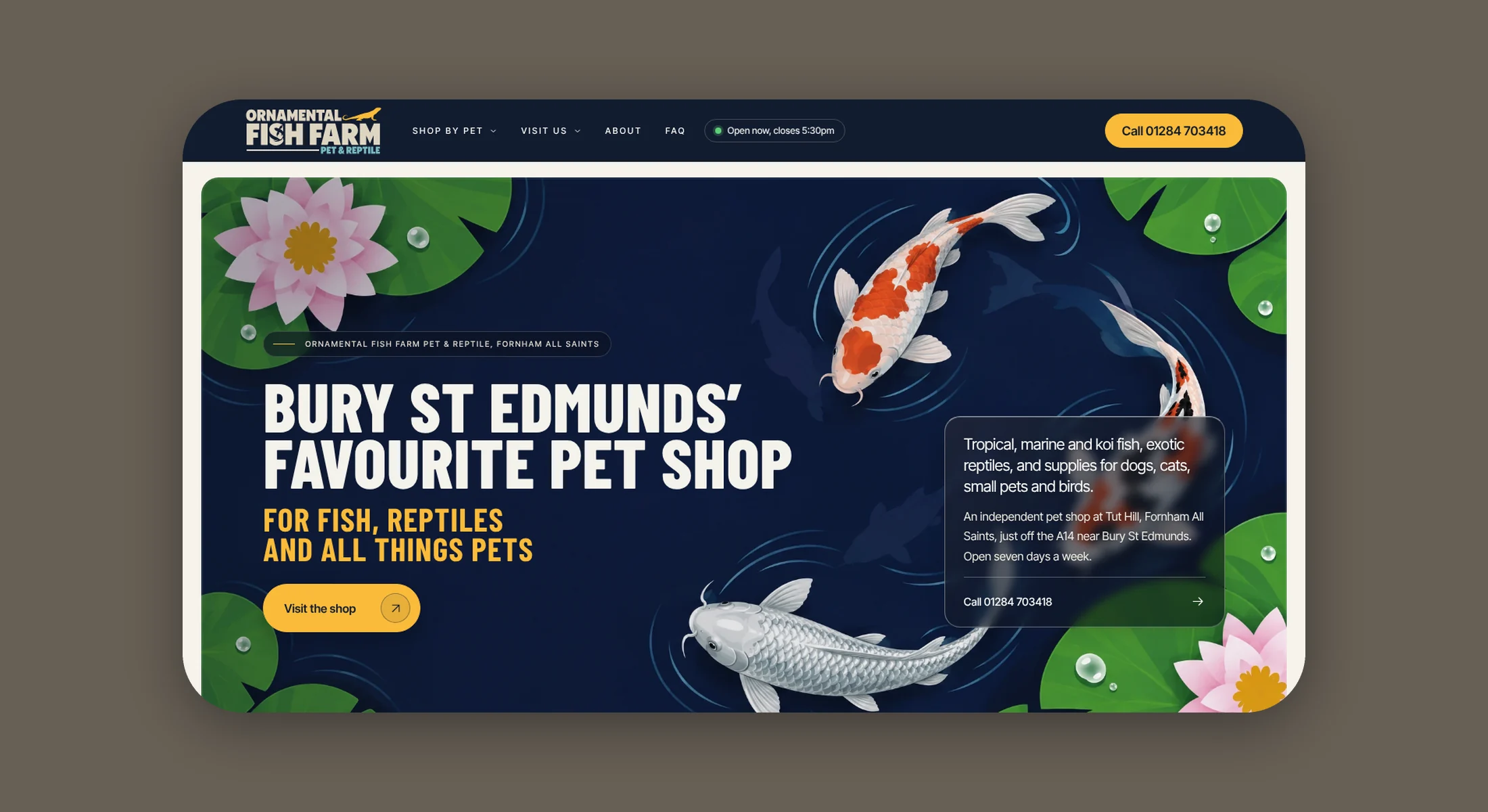 Ornamental Fish Farm homepage hero with koi among lily pads and a live open now status