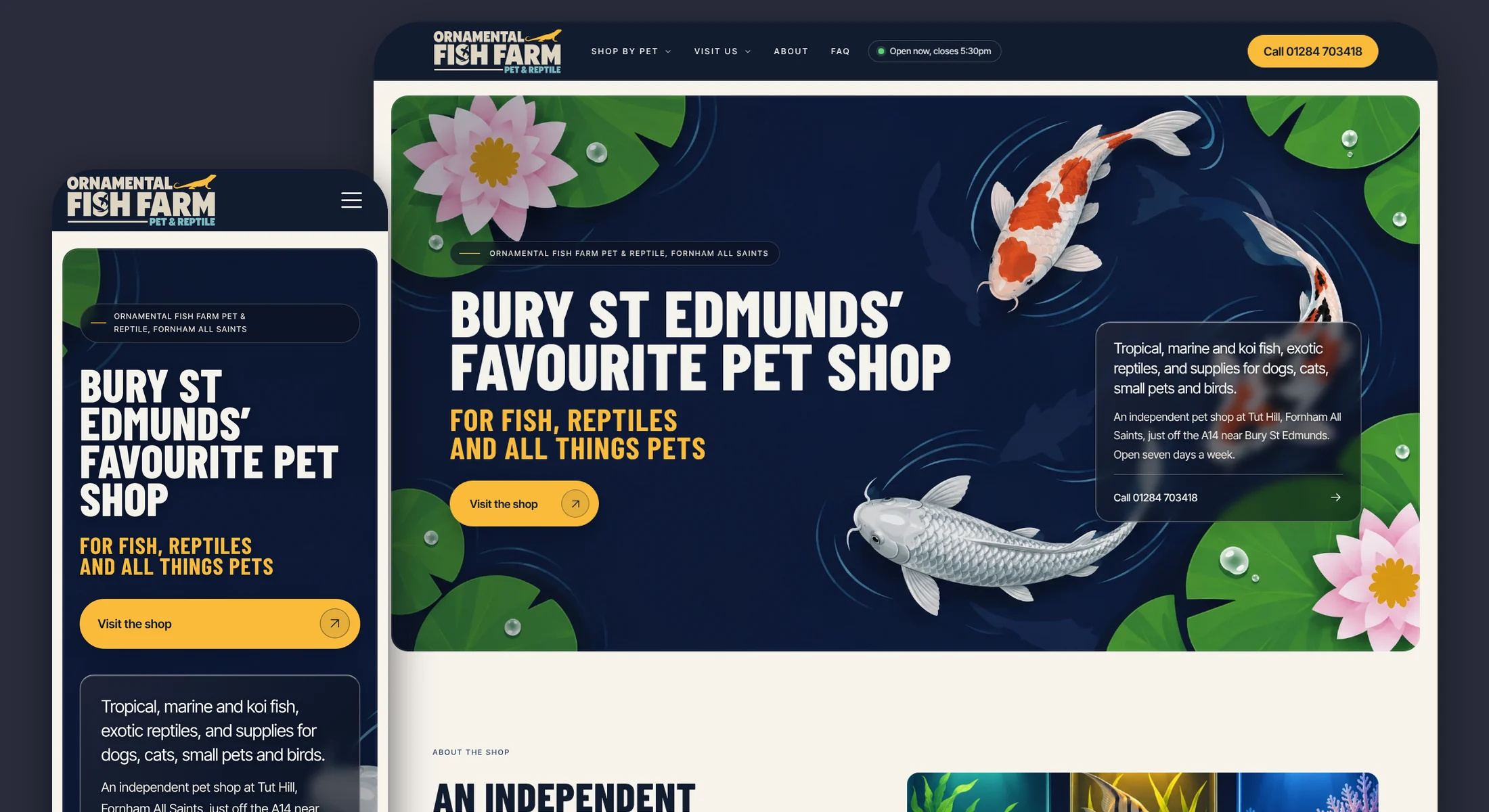 Ornamental Fish Farm website shown on desktop and mobile