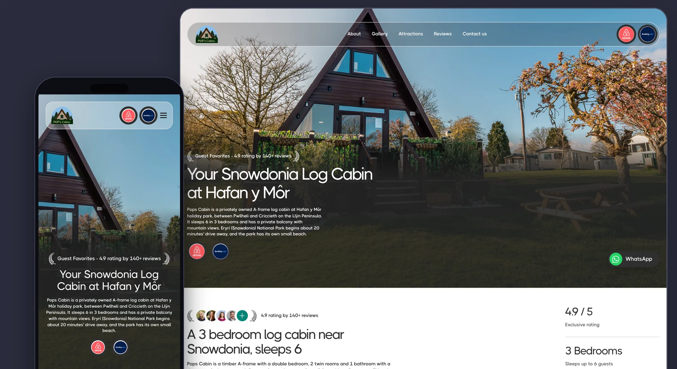 Snowdonia Log Cabin website shown on desktop and mobile